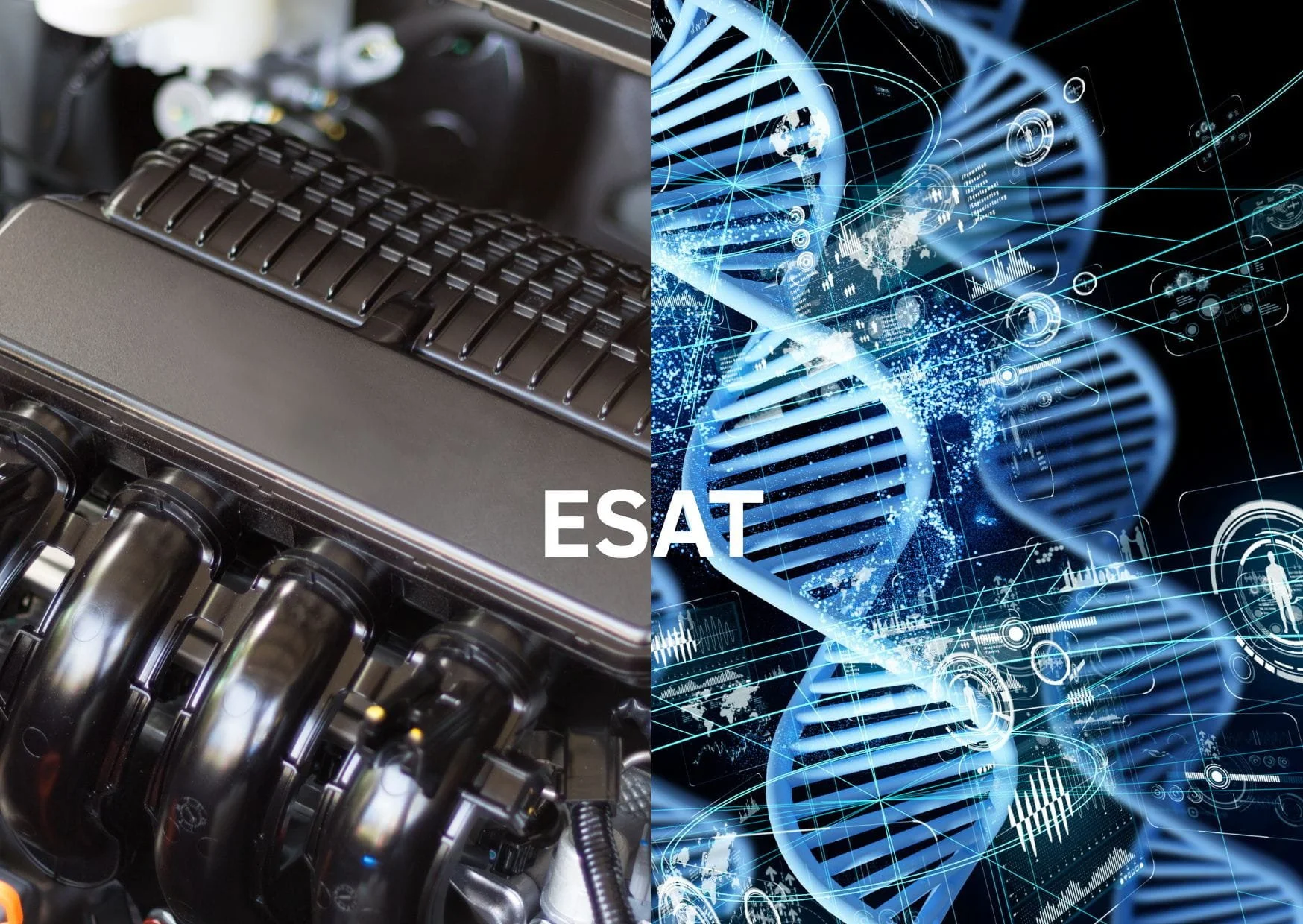 Images symbolising Physics and Engineering (an engine) and biomedical sciences (genes) with the text 'ESAT'