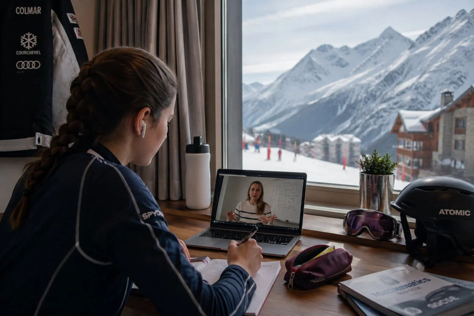 Student-athlete taking an online tutoring lesson from an alpine training base while travelling for competitions.
