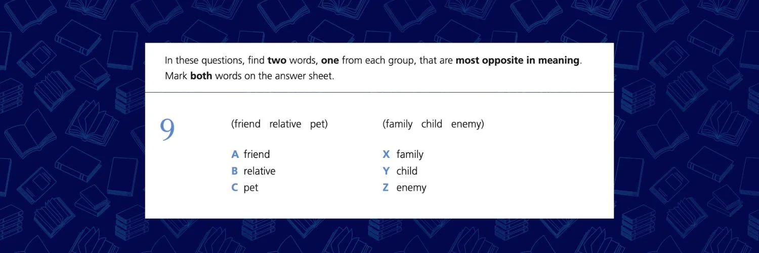 Example 'Opposite in Meaning' 11 Plus Practice Question against U2 Tuition blue background.