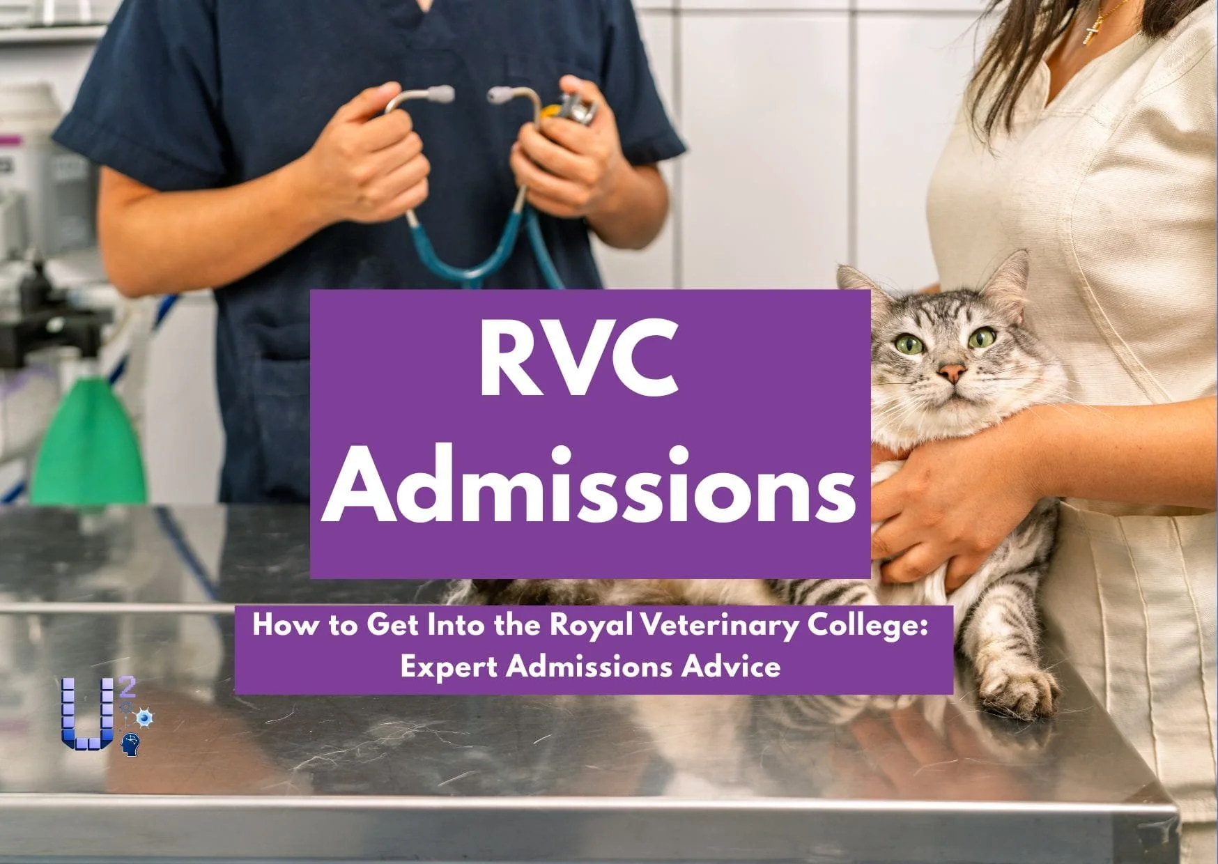 Image of veterinary medicine student and a patient with the text RVC Admissions: How to Get Into the Royal Veterinary College - Expert Admissions Advice" and U2 Tuition's Logo