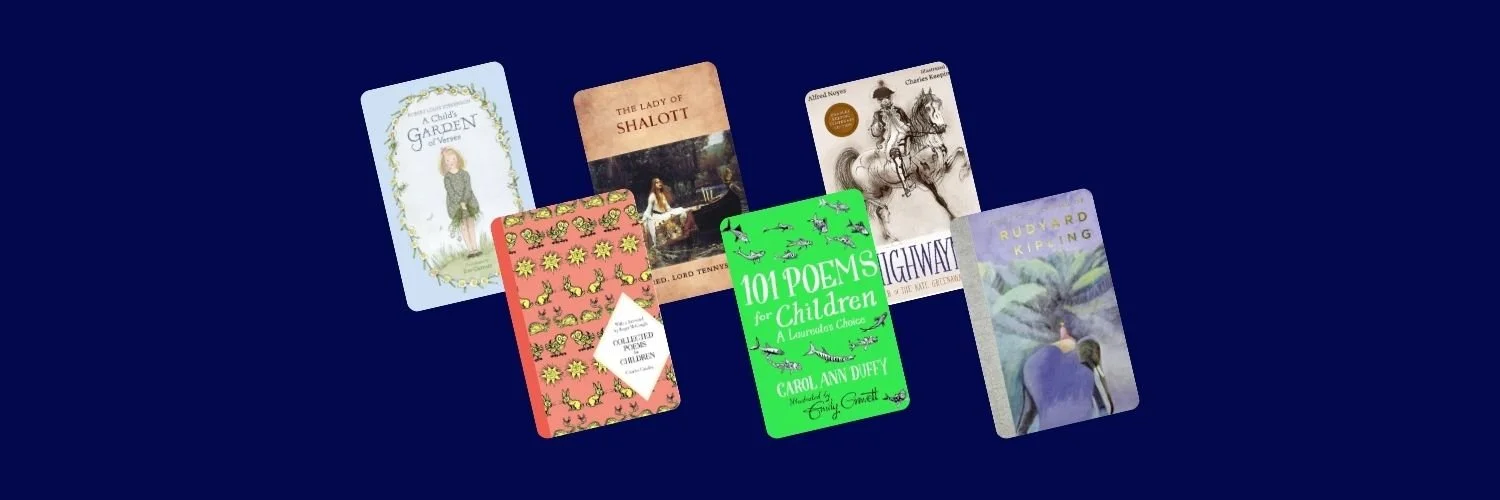 A Child's Garden of Verses, 101 Poems for Children and other 11+ recommended poems by U2 Tuition against a navy background