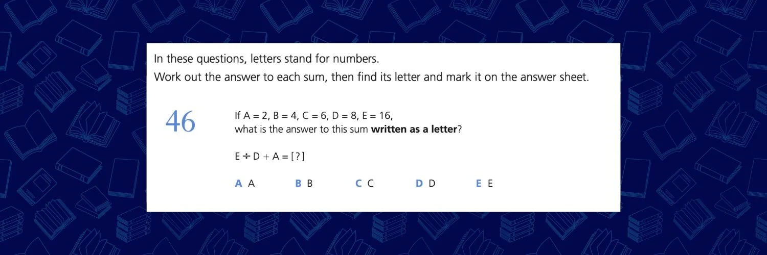 Example 'Letter Equations' 11 Plus Verbal Reasoning Practice Question against U2 Tuition blue background.