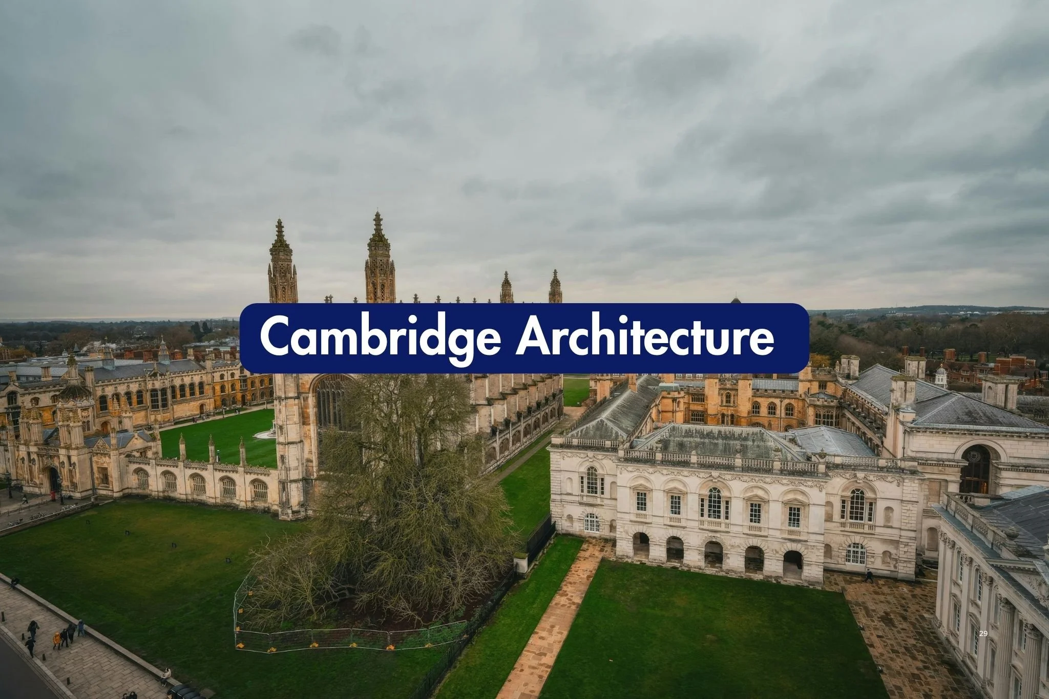 Aerial view of historic Cambridge university buildings and college courtyards, overlaid with the title ‘Cambridge Architecture.