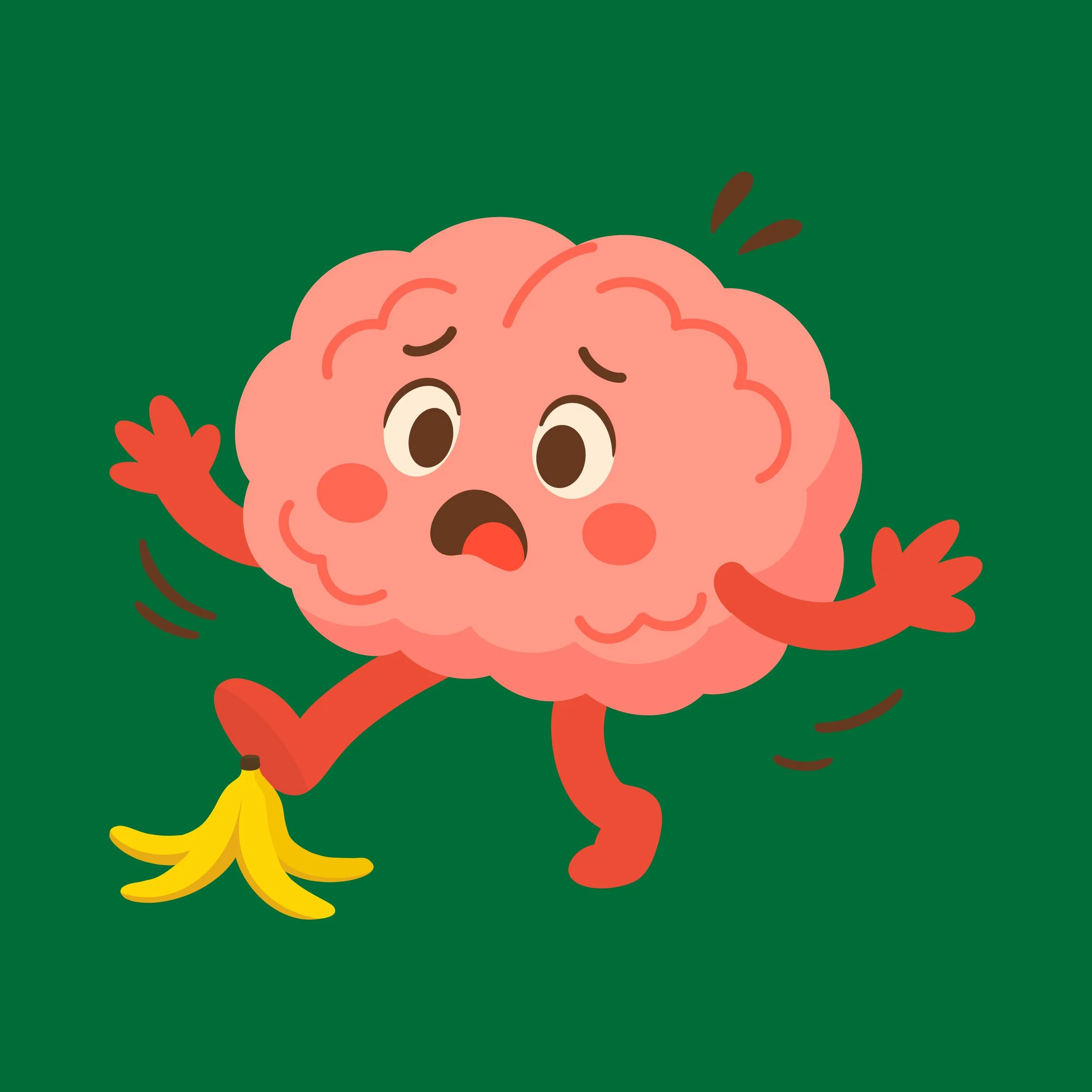 A cartoon image of a brain slipping on a banana on a green background