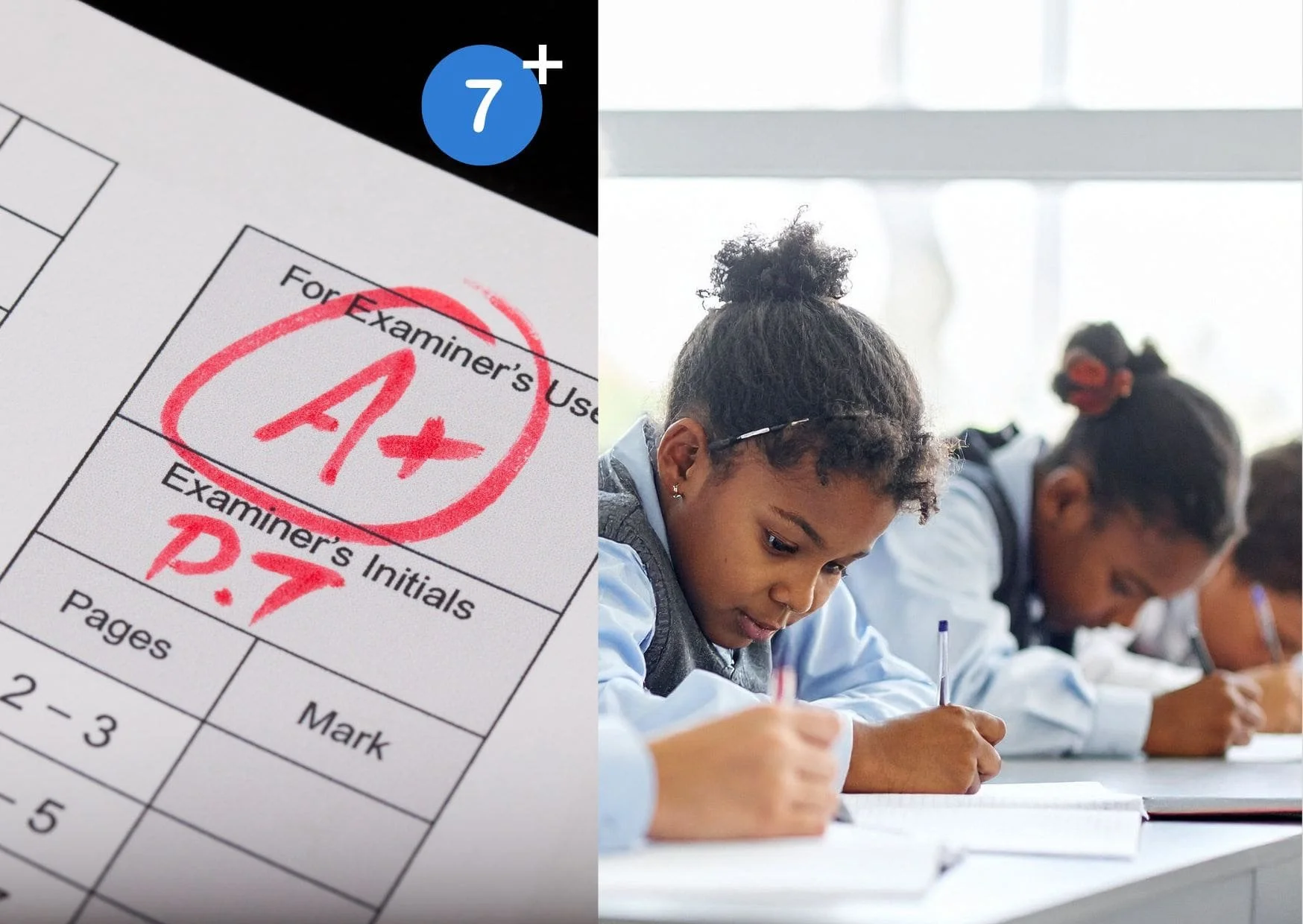Latymer Prep 7+ past paper with an A+ grade given by examiners. Two girls completing their Latymer 7+ admissions assessments.