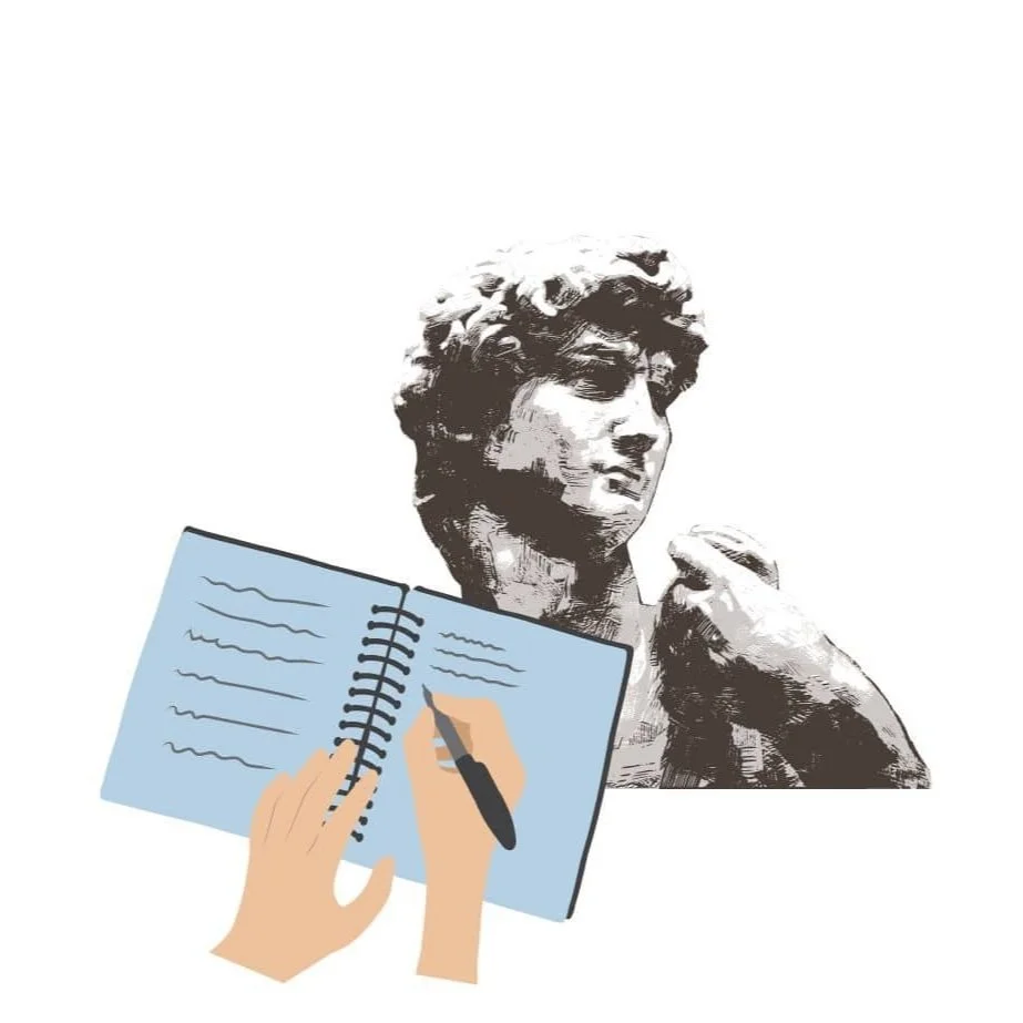 Italian Personal Statement Preparation: Notebook and Pen on Sculpture