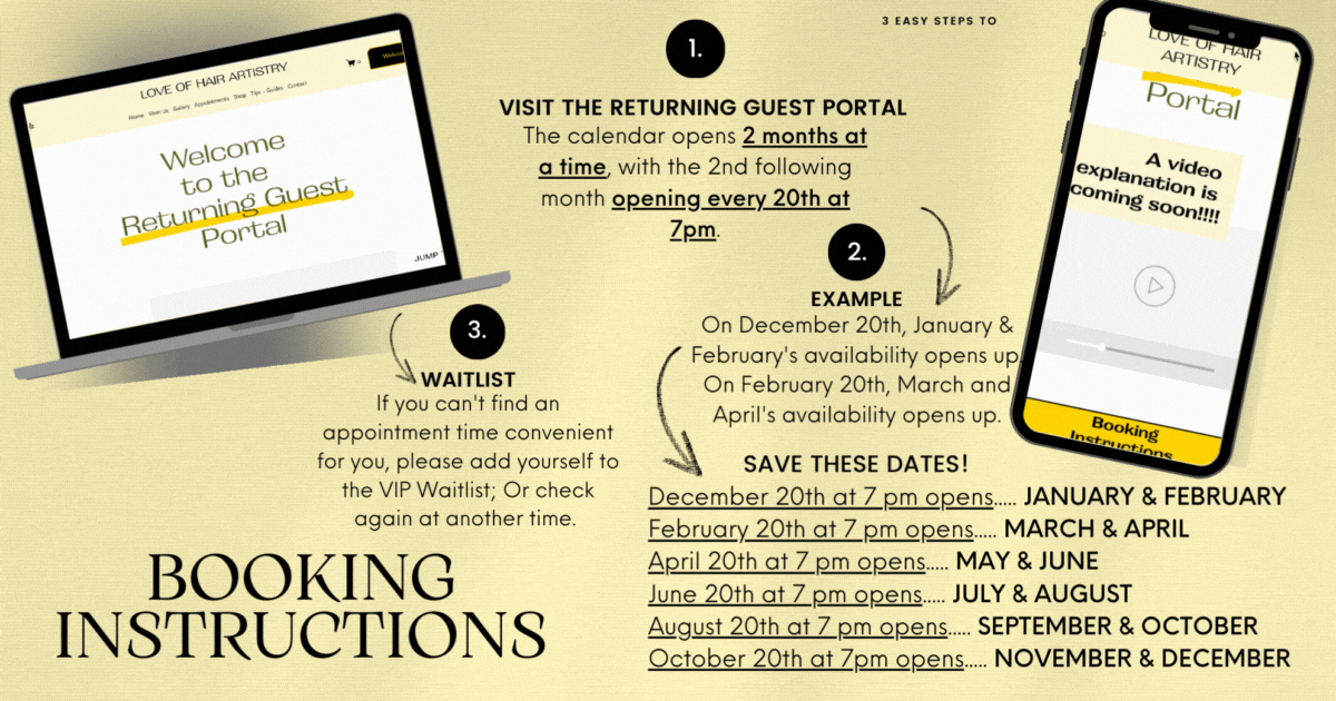 Infographic detailing booking instructions for Love of Hair Artistry's returning guest portal, explaining calendar openings, waitlist information, and important dates.