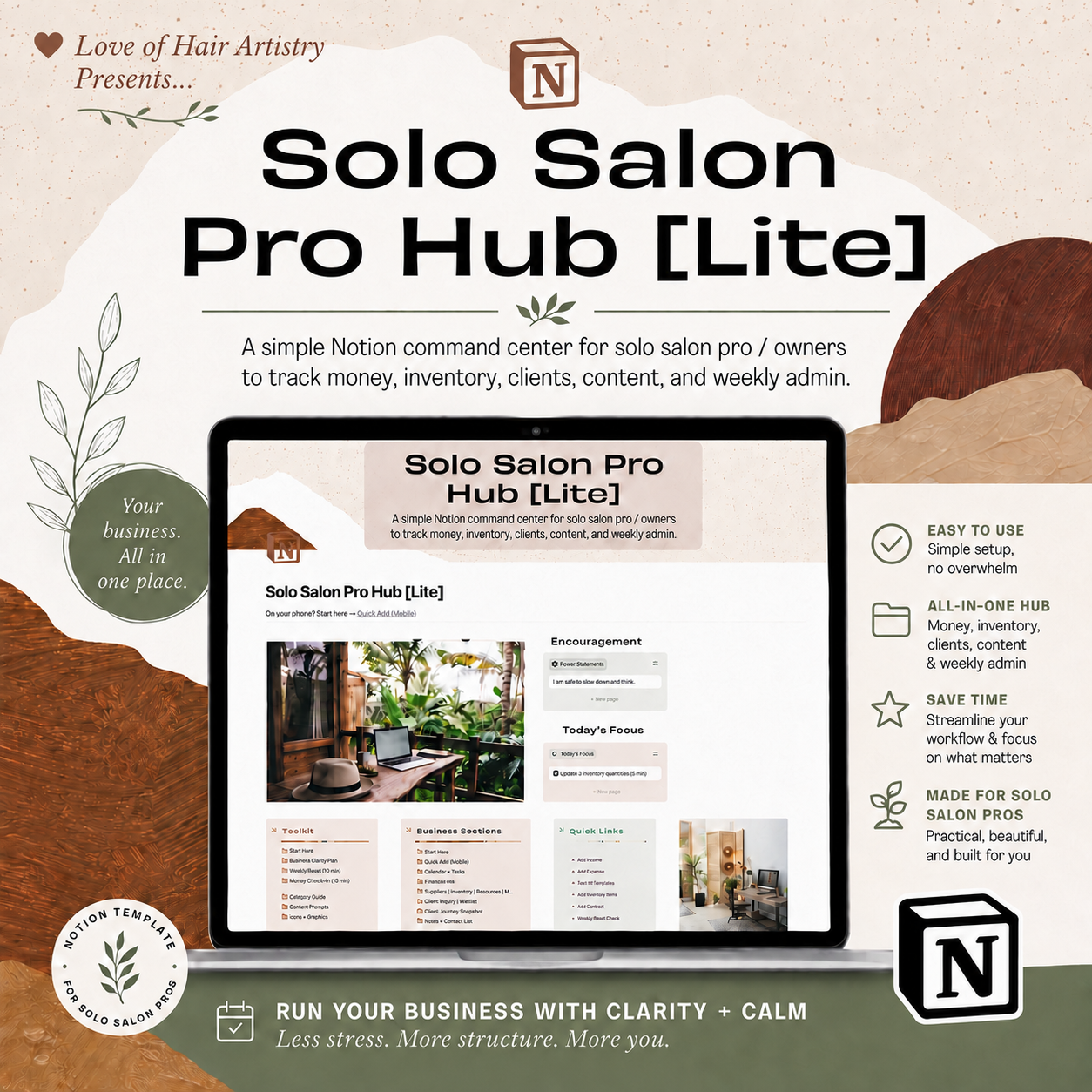 Solo Salon Pro Hub [Lite]. A simple Notion command center for solo salon pro / owners to track money, inventory, clients, content, and weekly admin.