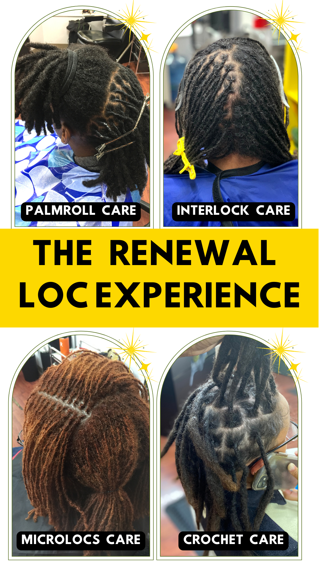 Four hairstyles demonstrating loc maintenance techniques: palmroll care, interlock care, microlocs care, and crochet care. Titled "The Renewal Loc Experience".