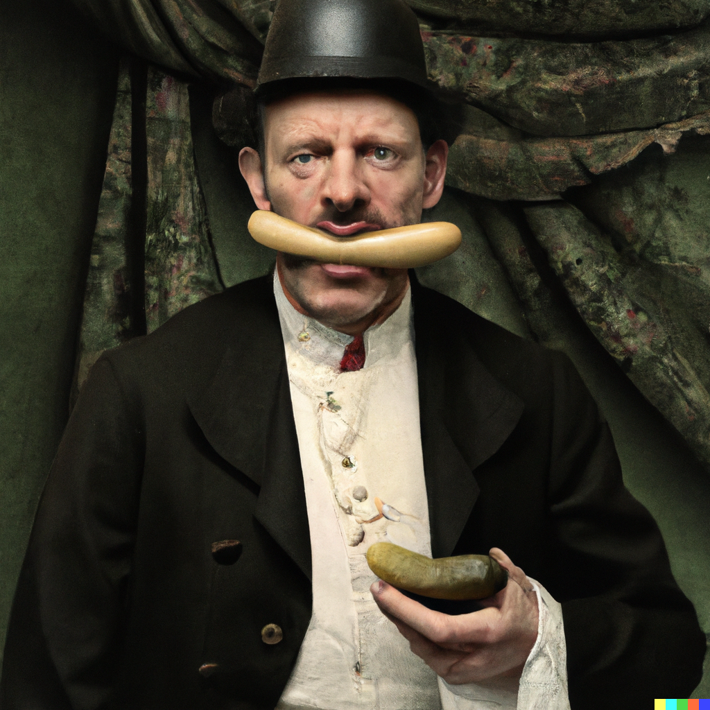 DALL·E 2022-10-19 13.35.53 - Victorian era portrait of a man with a big pickle in his mouth.png