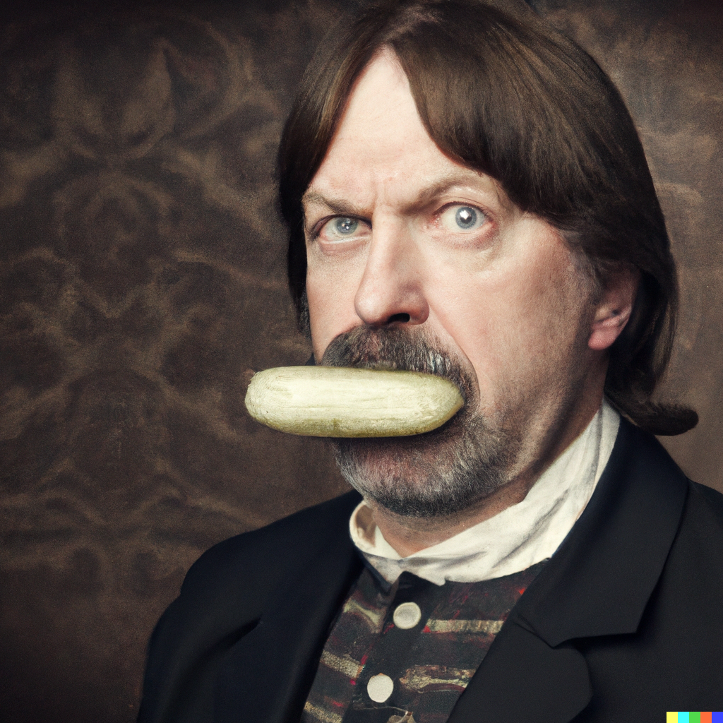 DALL·E 2022-10-19 13.36.06 - Victorian era portrait of a man with a big pickle in his mouth.png
