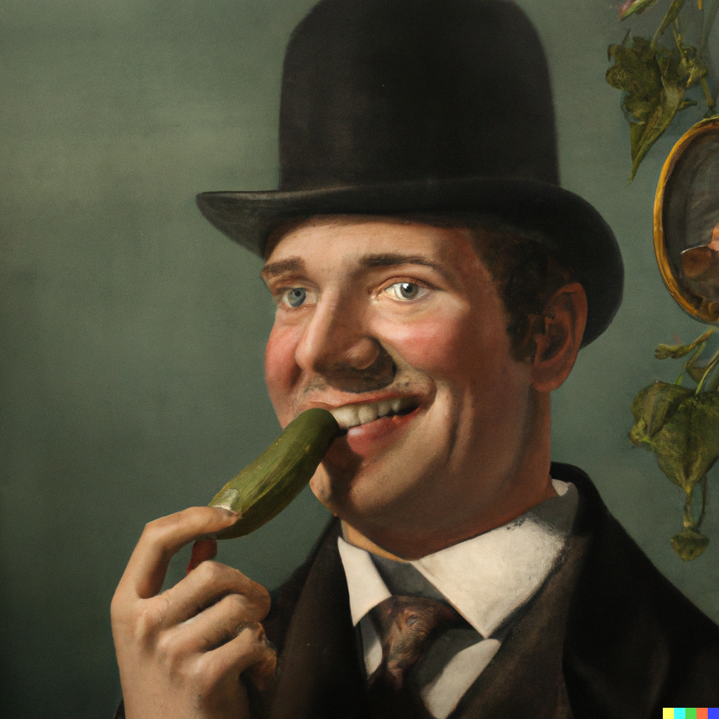 DALL·E 2022-10-19 13.36.45 - Victorian era painting of a man with a big pickle in his mouth.png