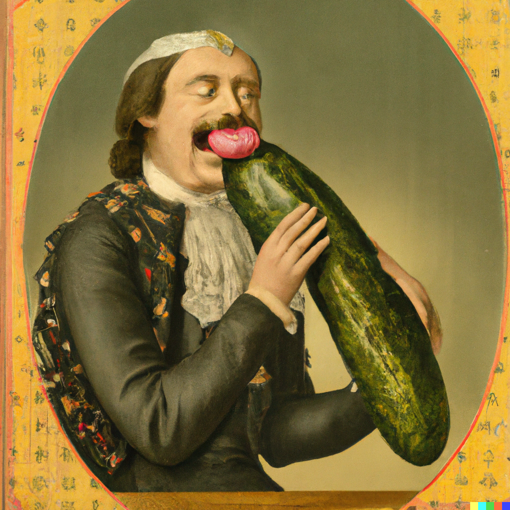 DALL·E 2022-10-19 13.48.18 - Victorian era painting of weirdo with a giant pickle in his mouth.png