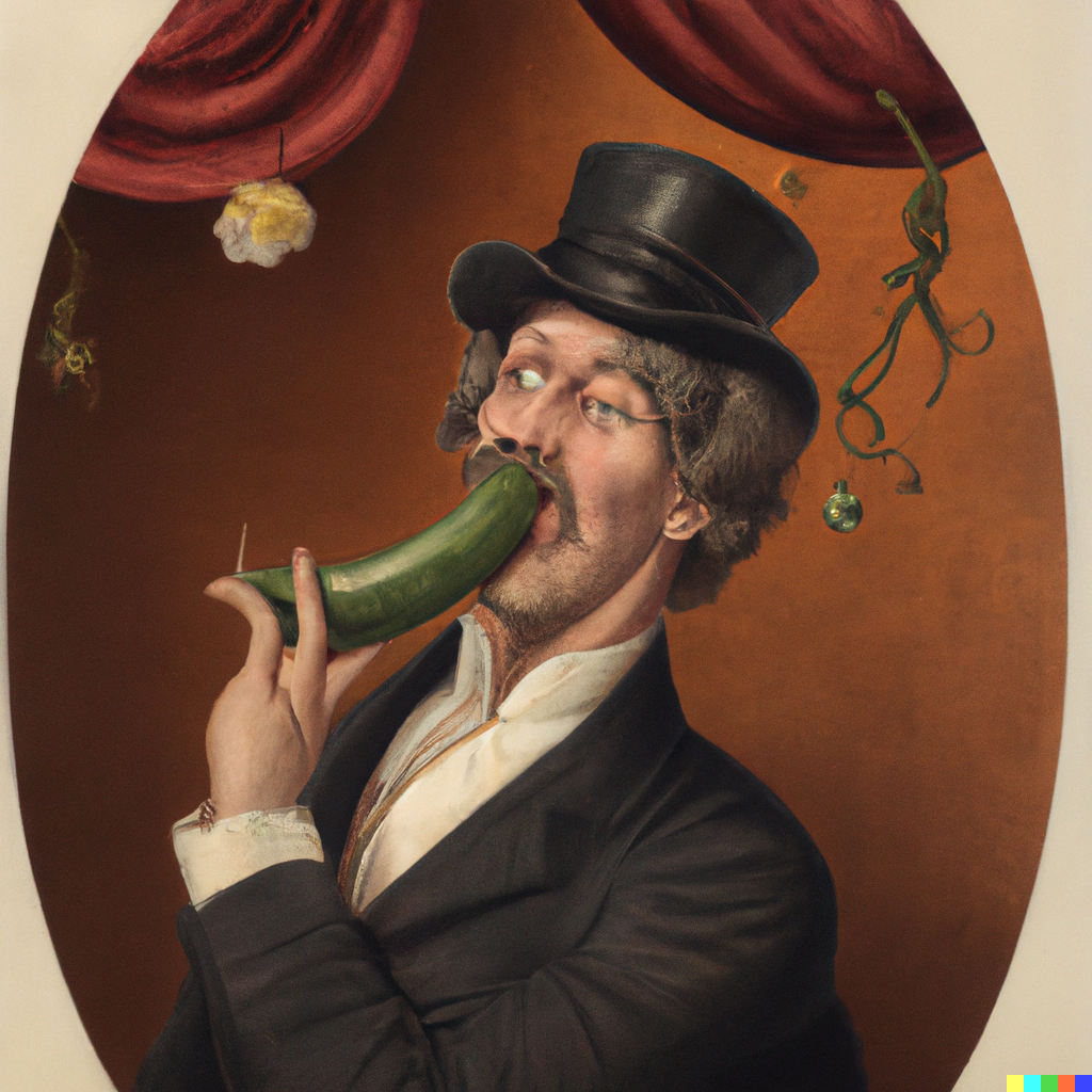 DALL·E 2022-10-19 13.48.30 - Victorian era painting of weirdo with a giant pickle in his mouth.png
