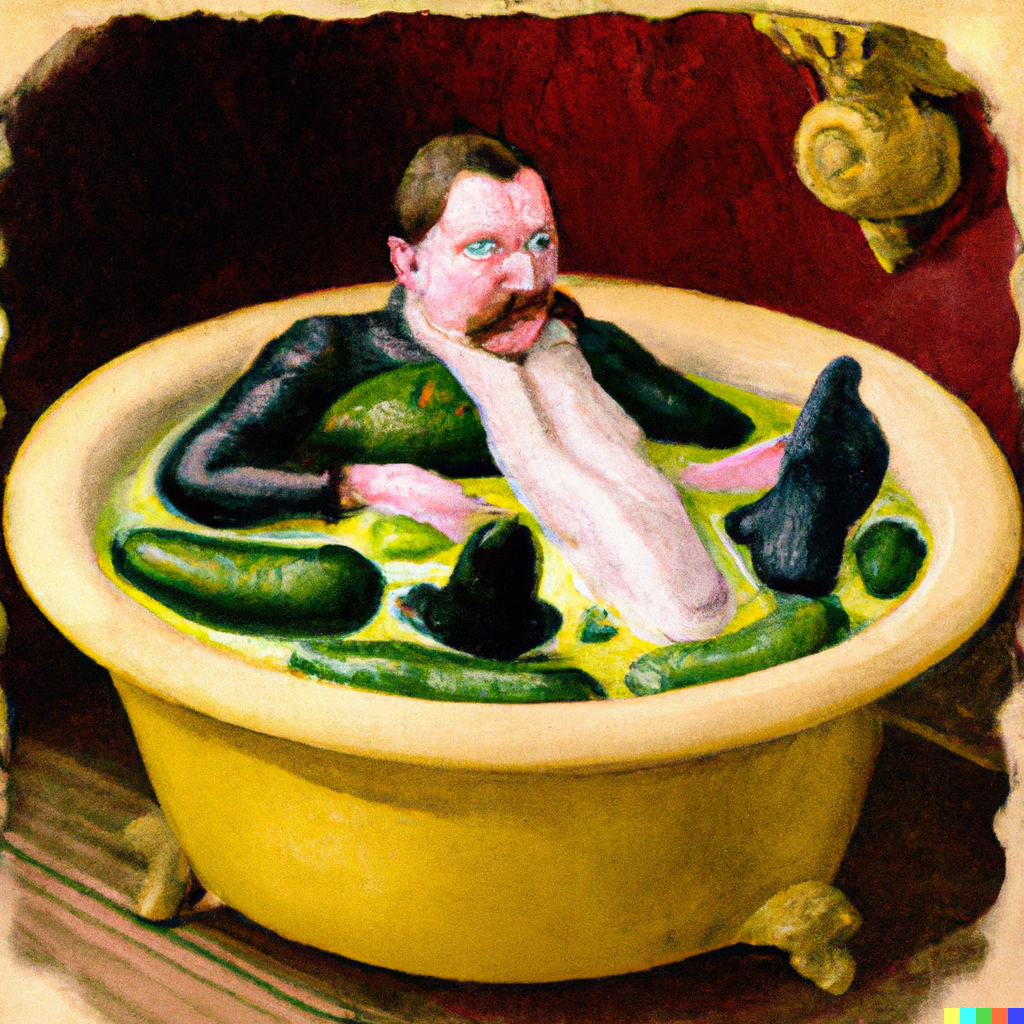 DALL·E 2022-10-19 13.56.52 - Victorian era painting of weirdo in hot tub full of pickles.png