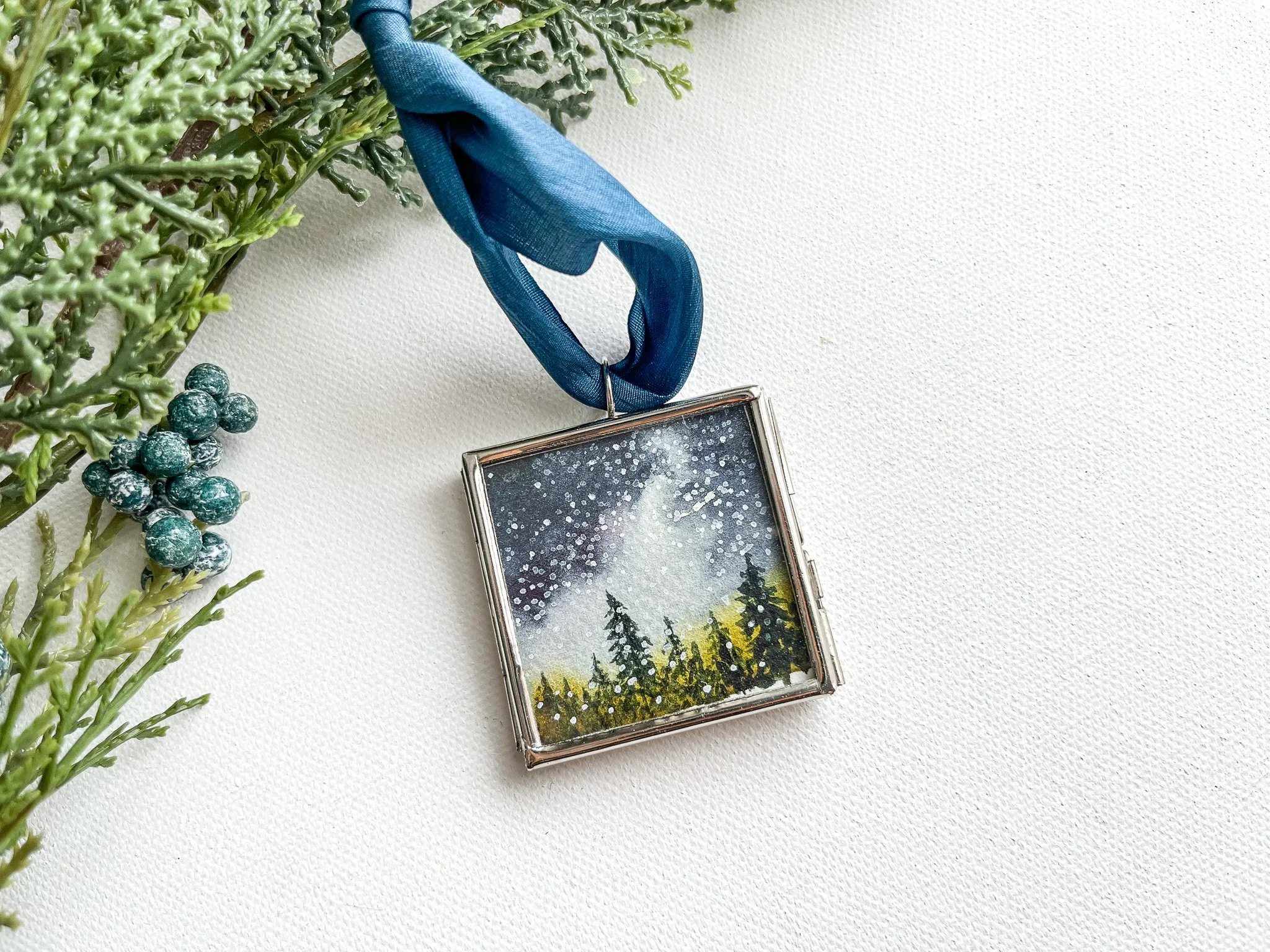 Evergreen Trees Under the Night Sky - A Hand Painted Watercolor Ornament