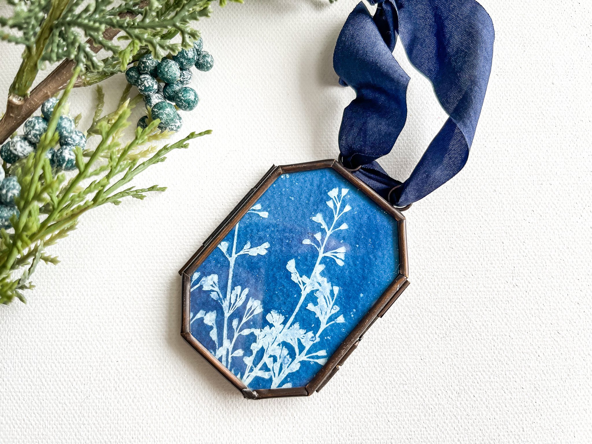 Original Botanical Cyanotype in Framed Ornament