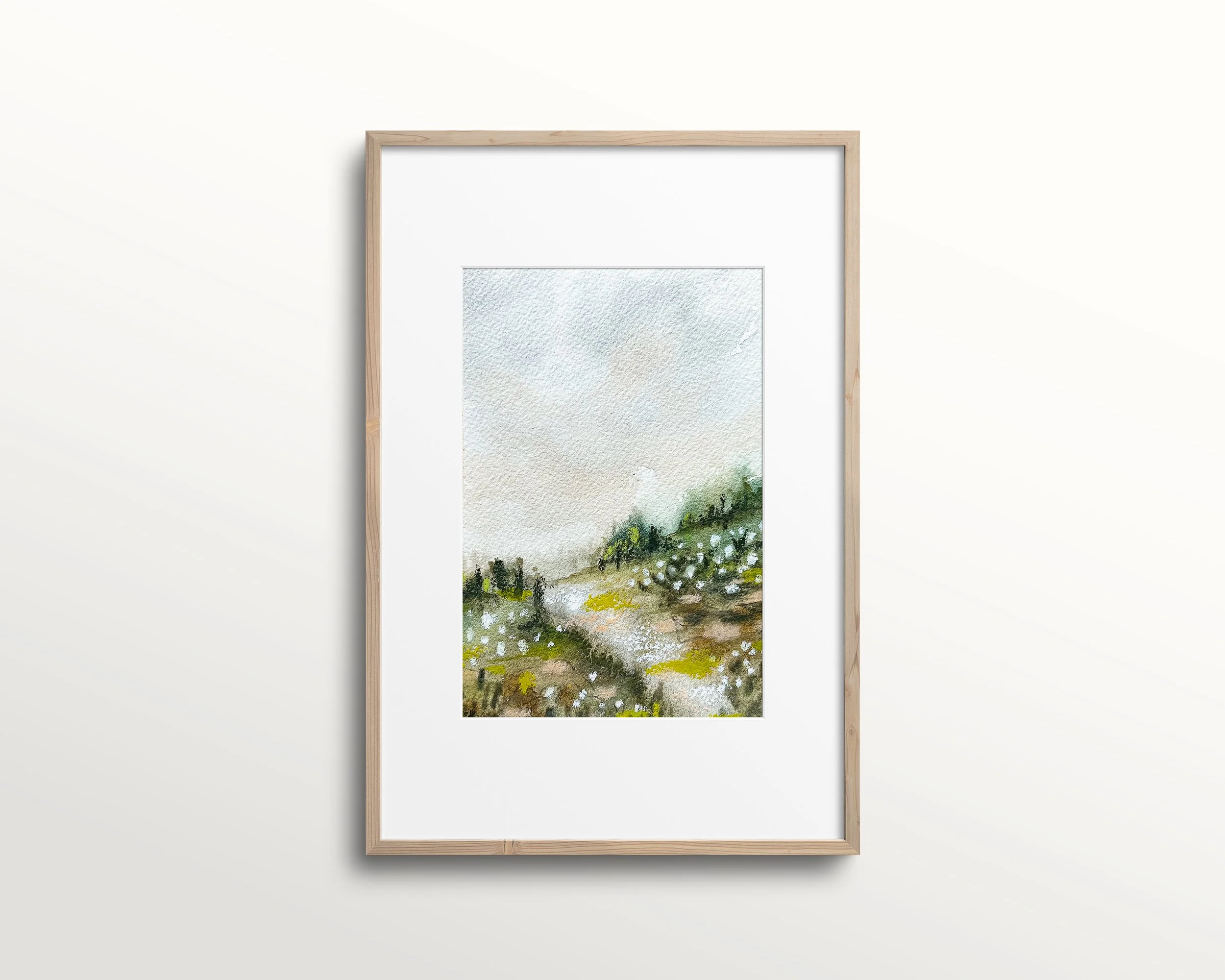 4" x 6" original landscape painting matted to 6" x 8" wooden frame on wall. Expressive landscape art with pastel accents.