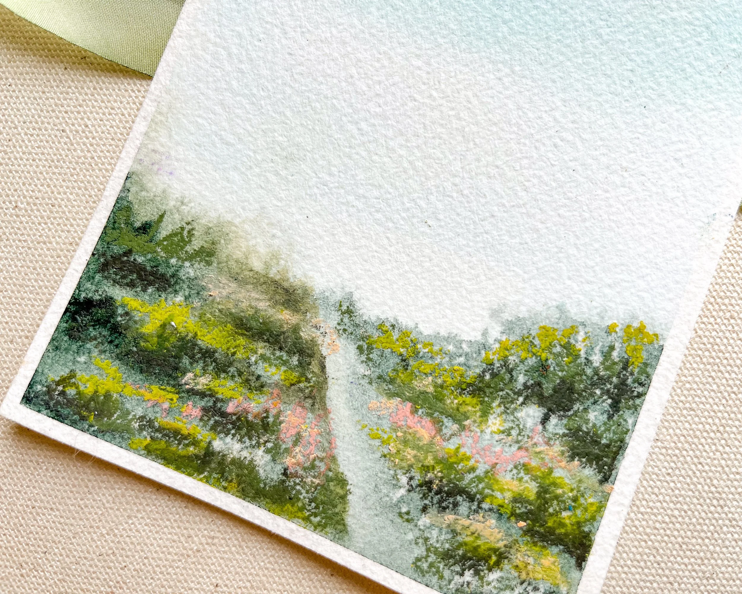 Close up landscape mixed media painting in pastels