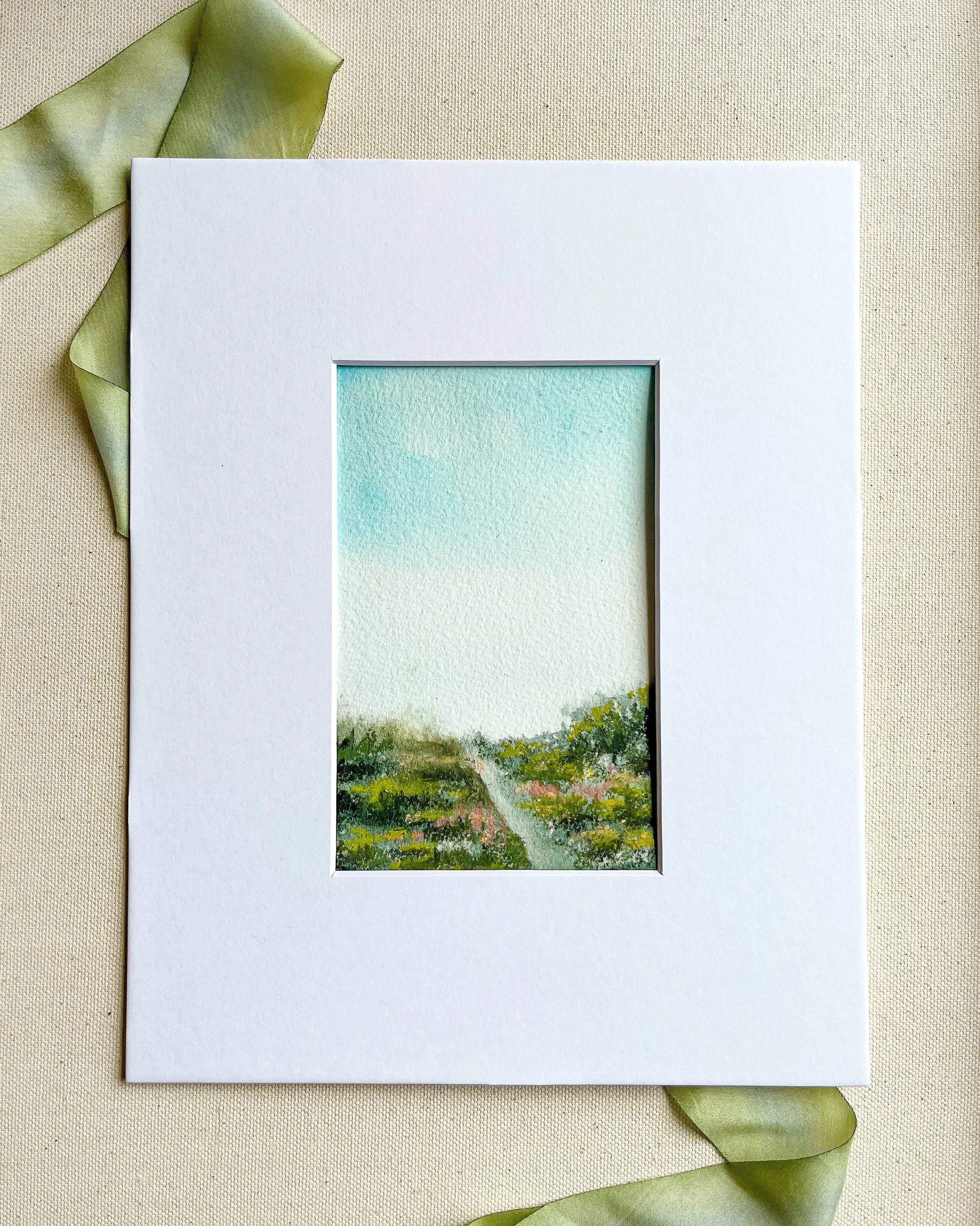 Mixed media landscape painting in watercolor and pastel with optional white 8" x 10" mat with opening just under 4" x 6"