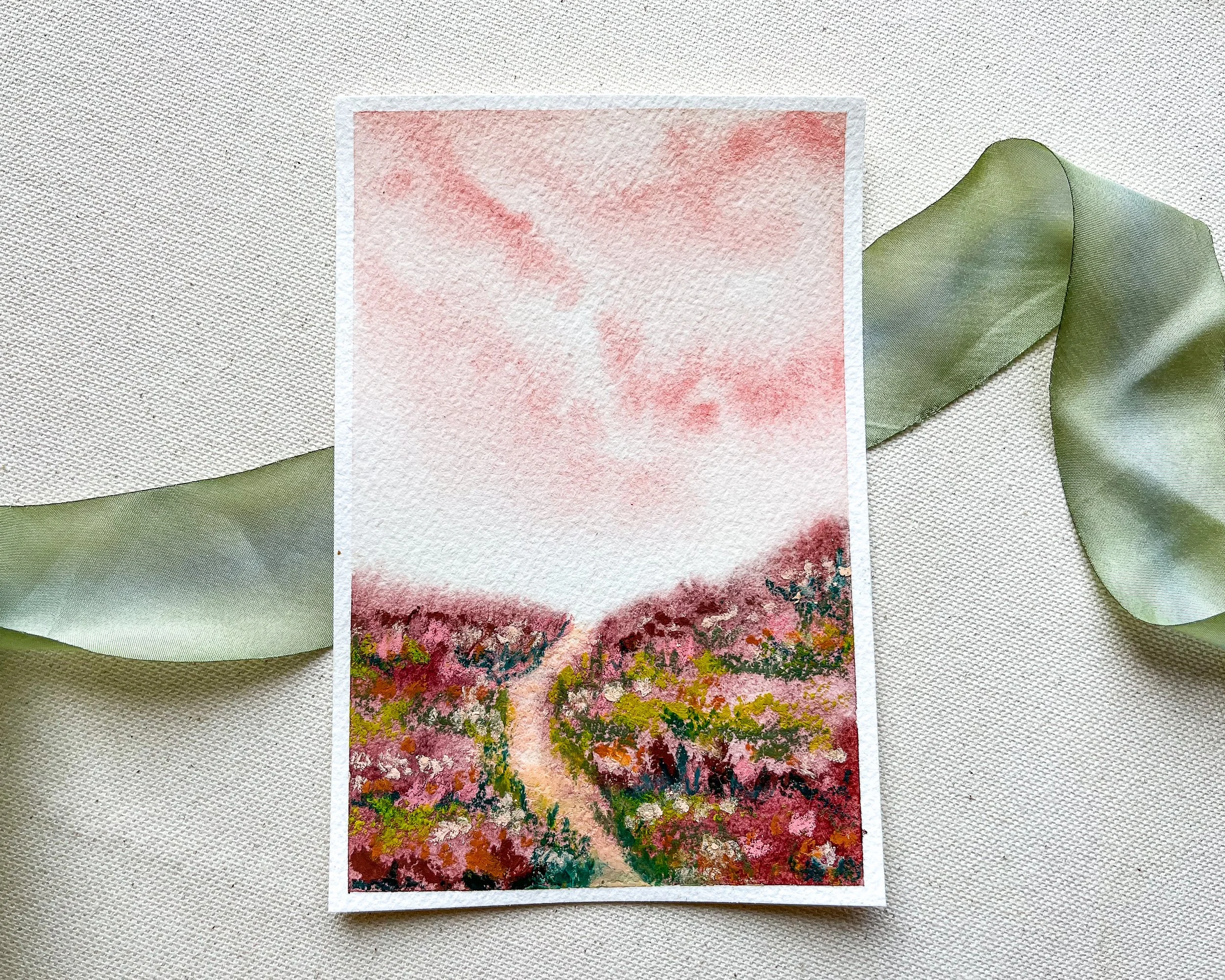 Full view of the pink pastel mixed media landscape measuring 4" x 6"