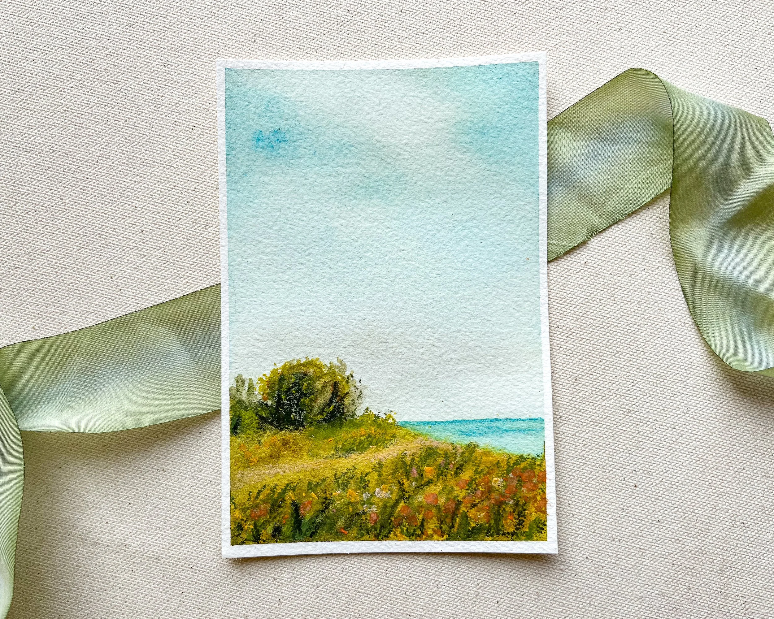 Full view of 4" x 6" mixed media beach painting in watercolor and pastels