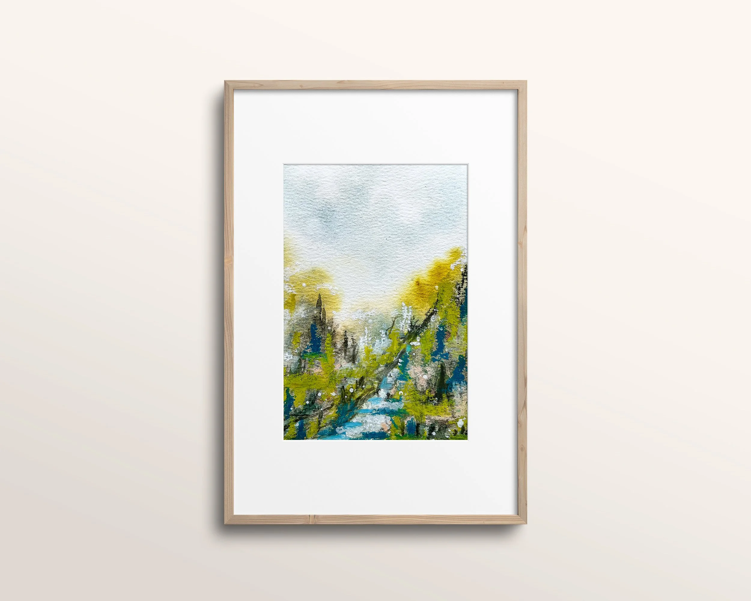 Abstract mixed media landscape in minimalist wood frame with white mat