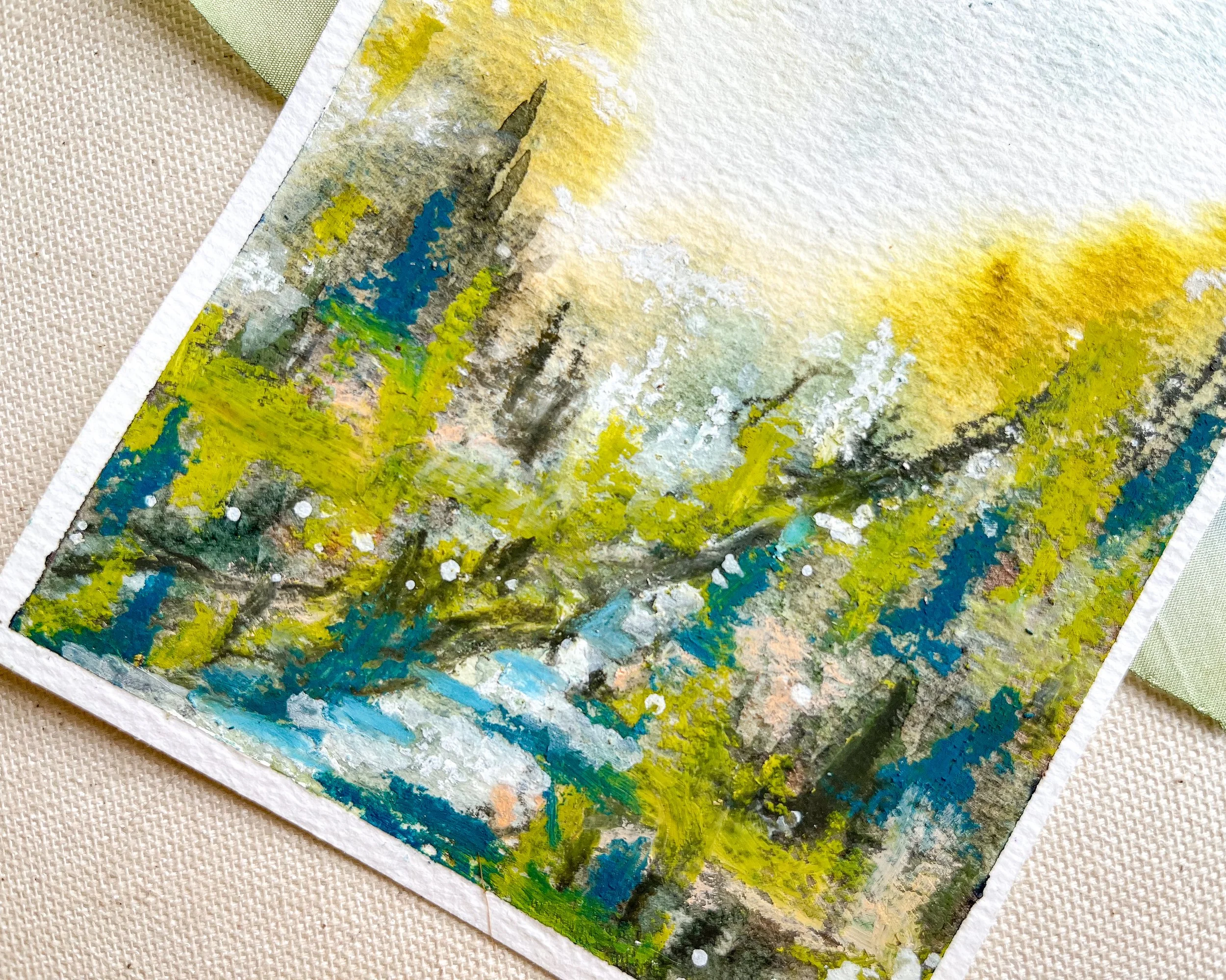 Details of abstract mixed media landscape in watercolor and pastels
