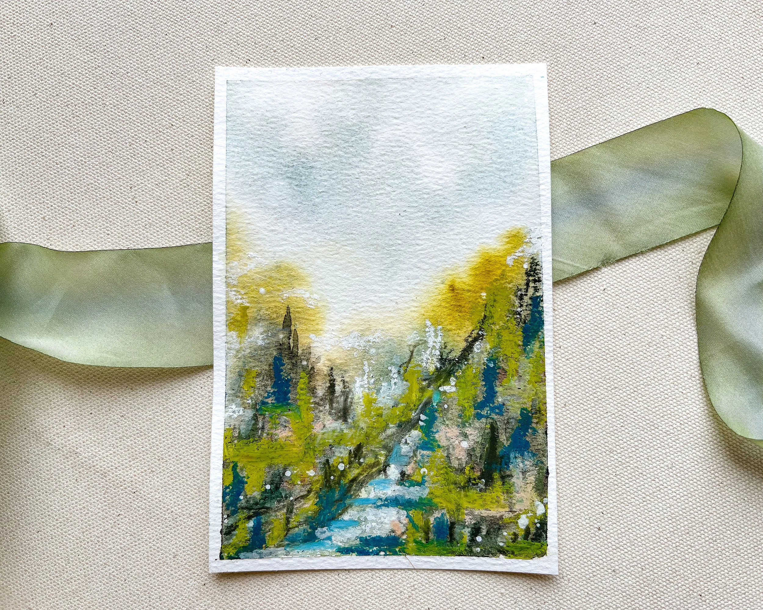 Full 4" x 6" abstract mixed media landscape painting in watercolor and pastels