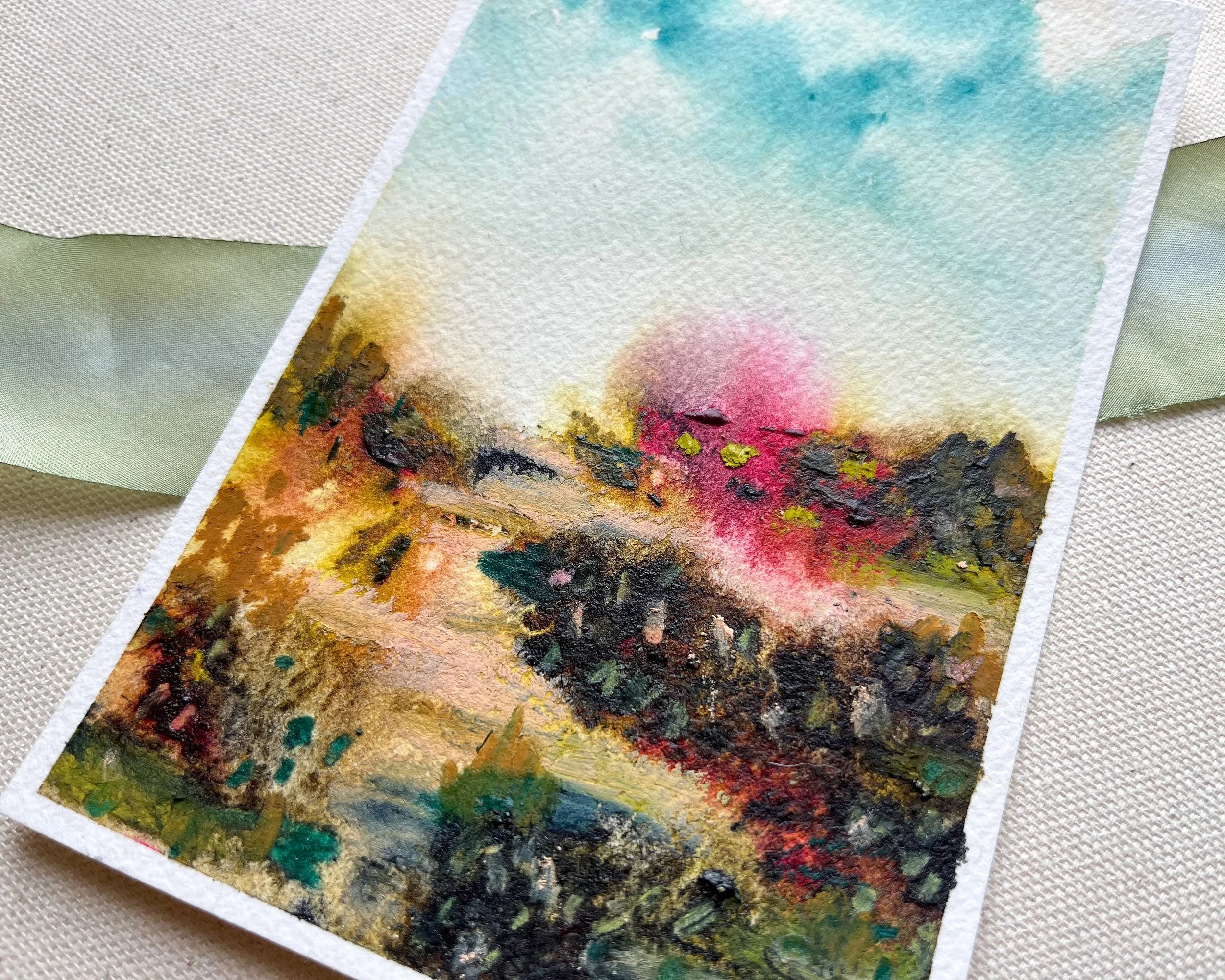 Detailed image of abstract mixed media landscape in watercolor and pastels