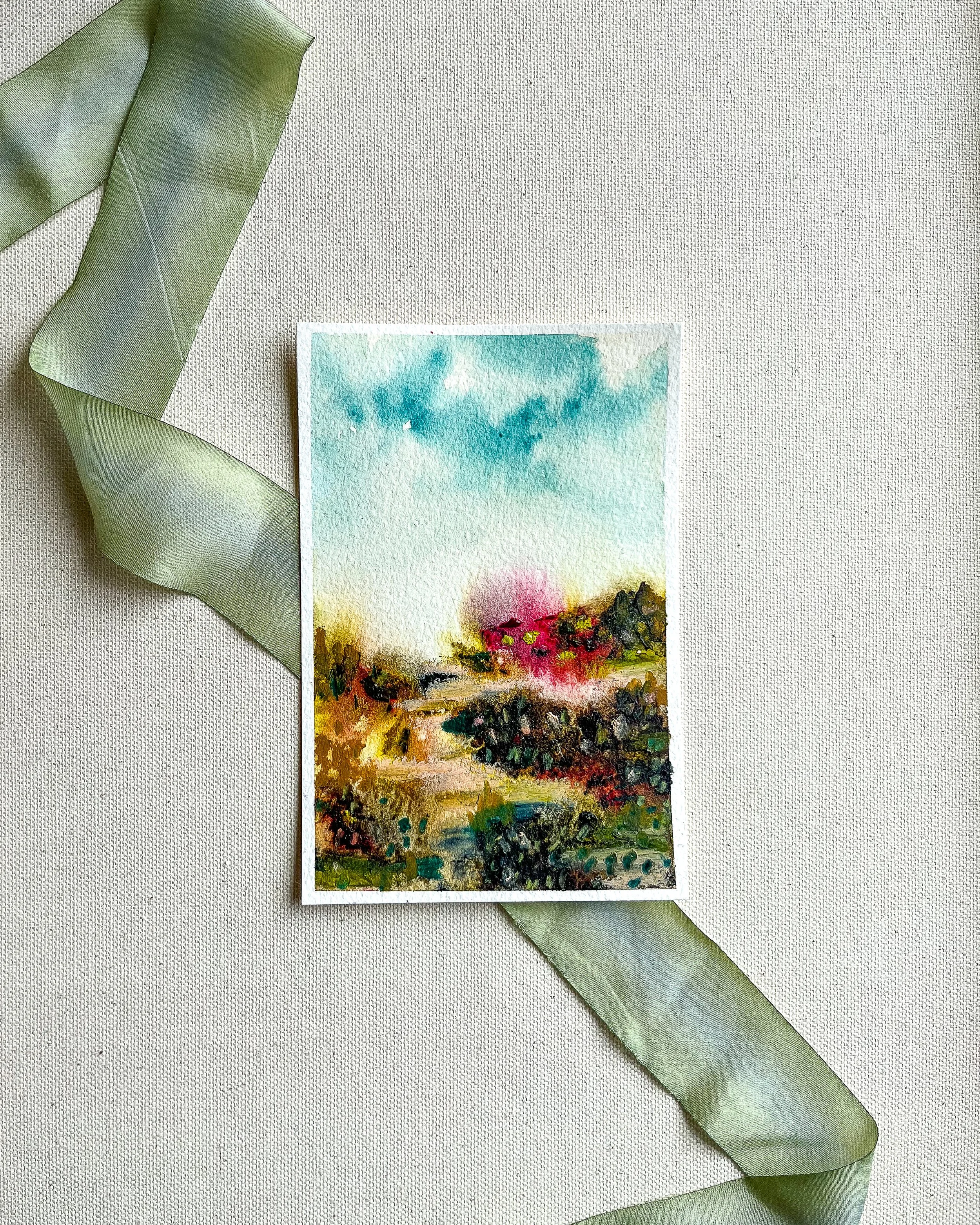 Full 4" x 6" abstract mixed media painting in watercolors and pastels