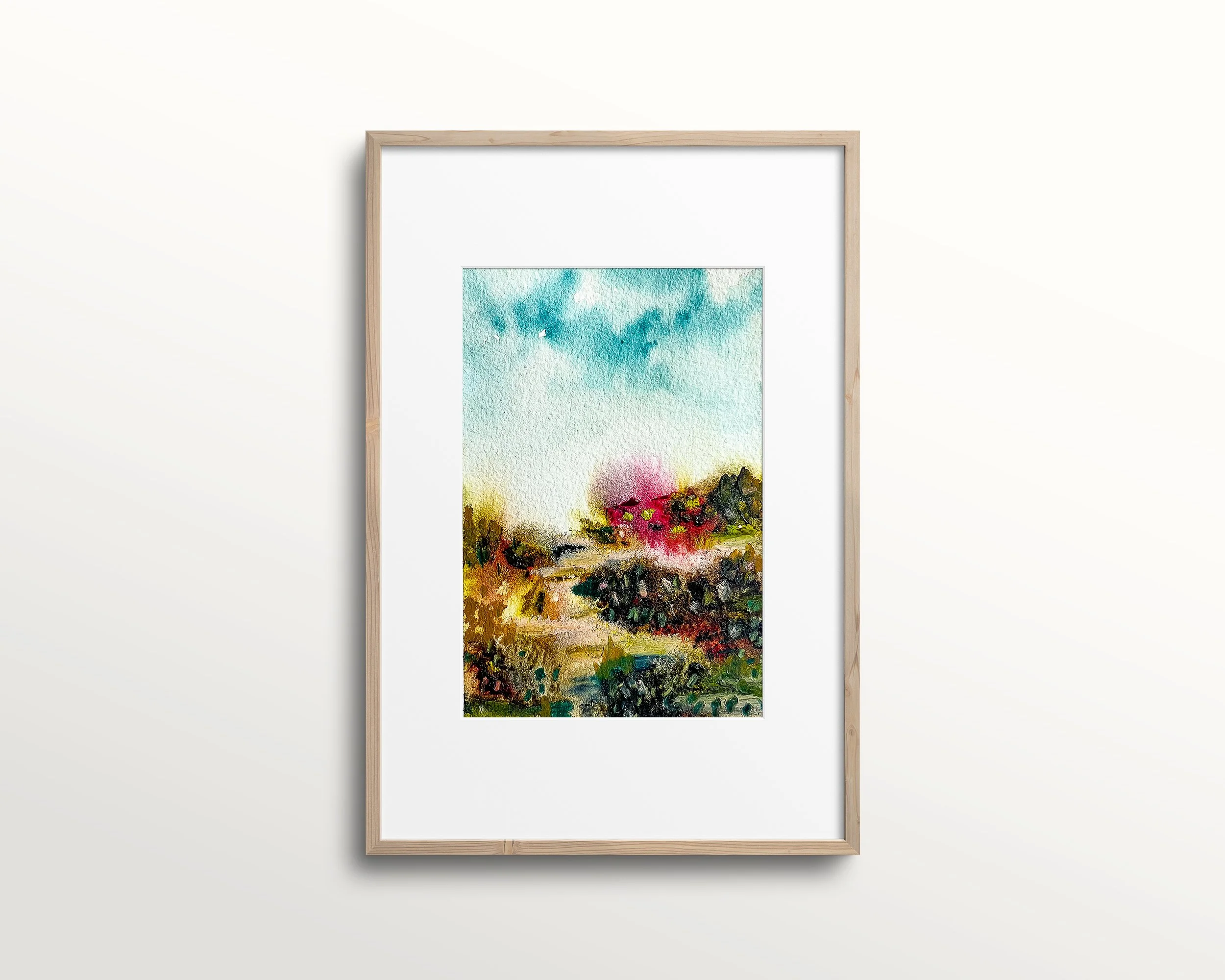 Abstract mixed media landscape painting in watercolor and pastels shown in a wood frame with white mat