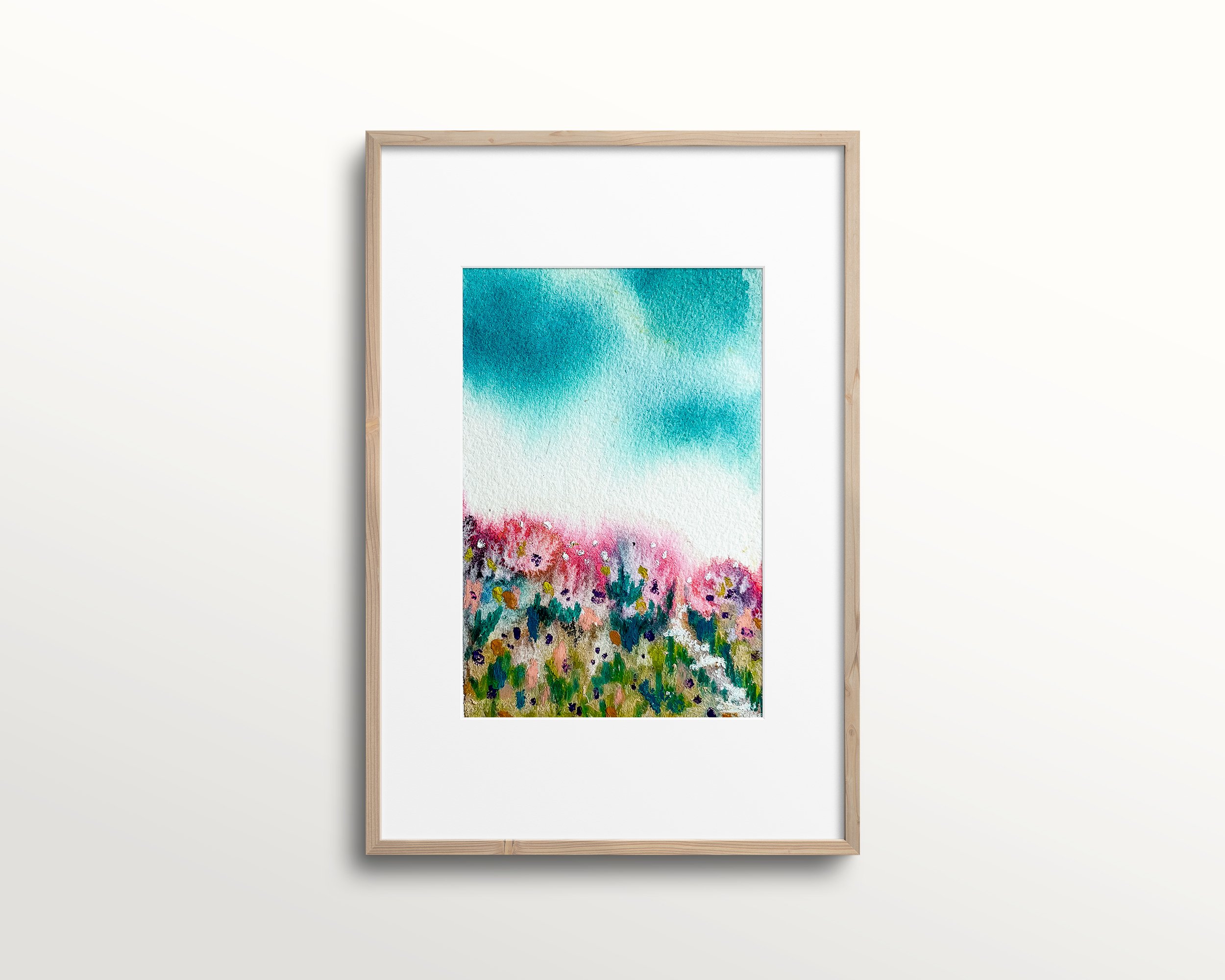 Mixed media abstract floral landscape painting shown in minimalist wood frame with white mat
