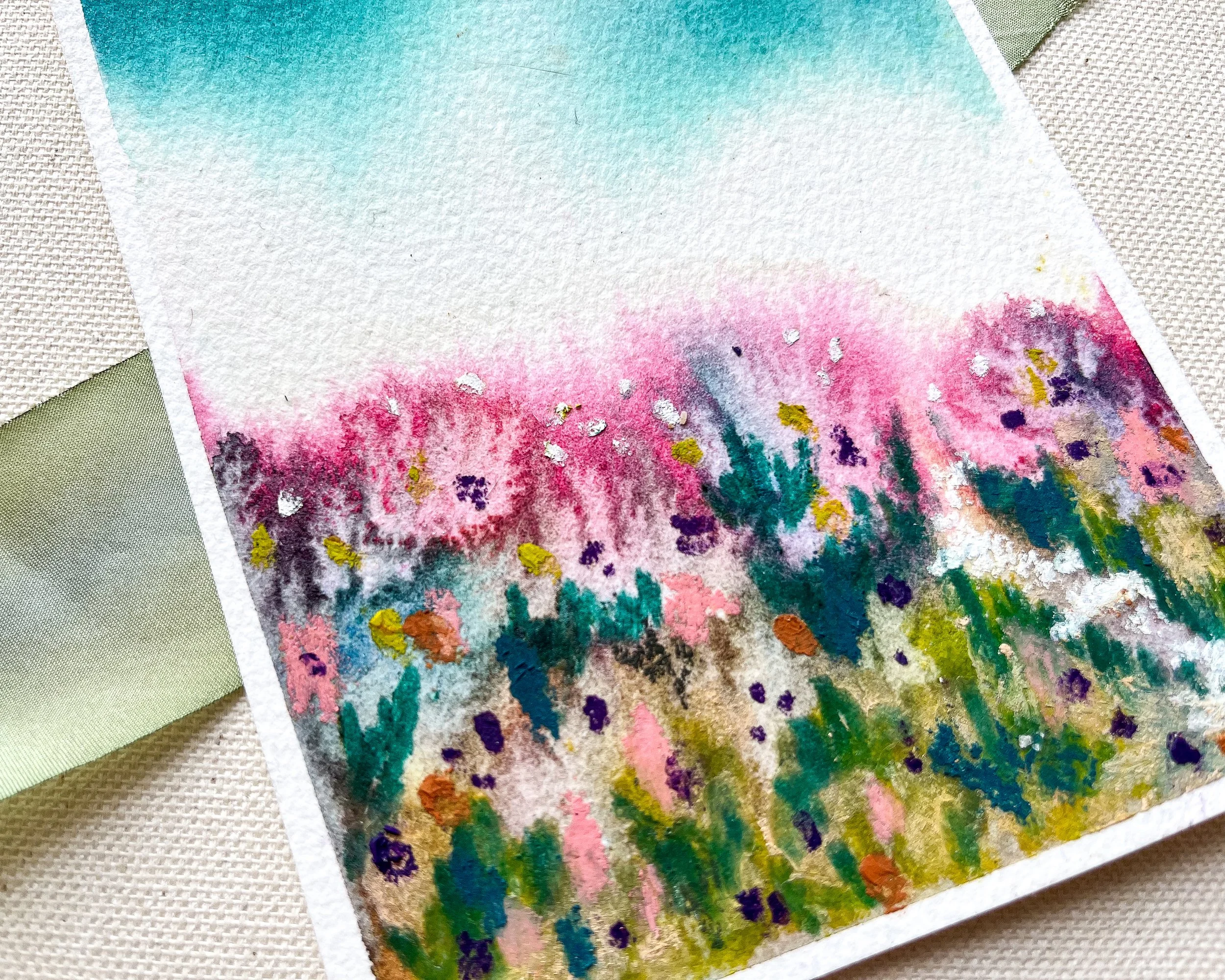 Detail of abstract floral mixed media in watercolor and pastels