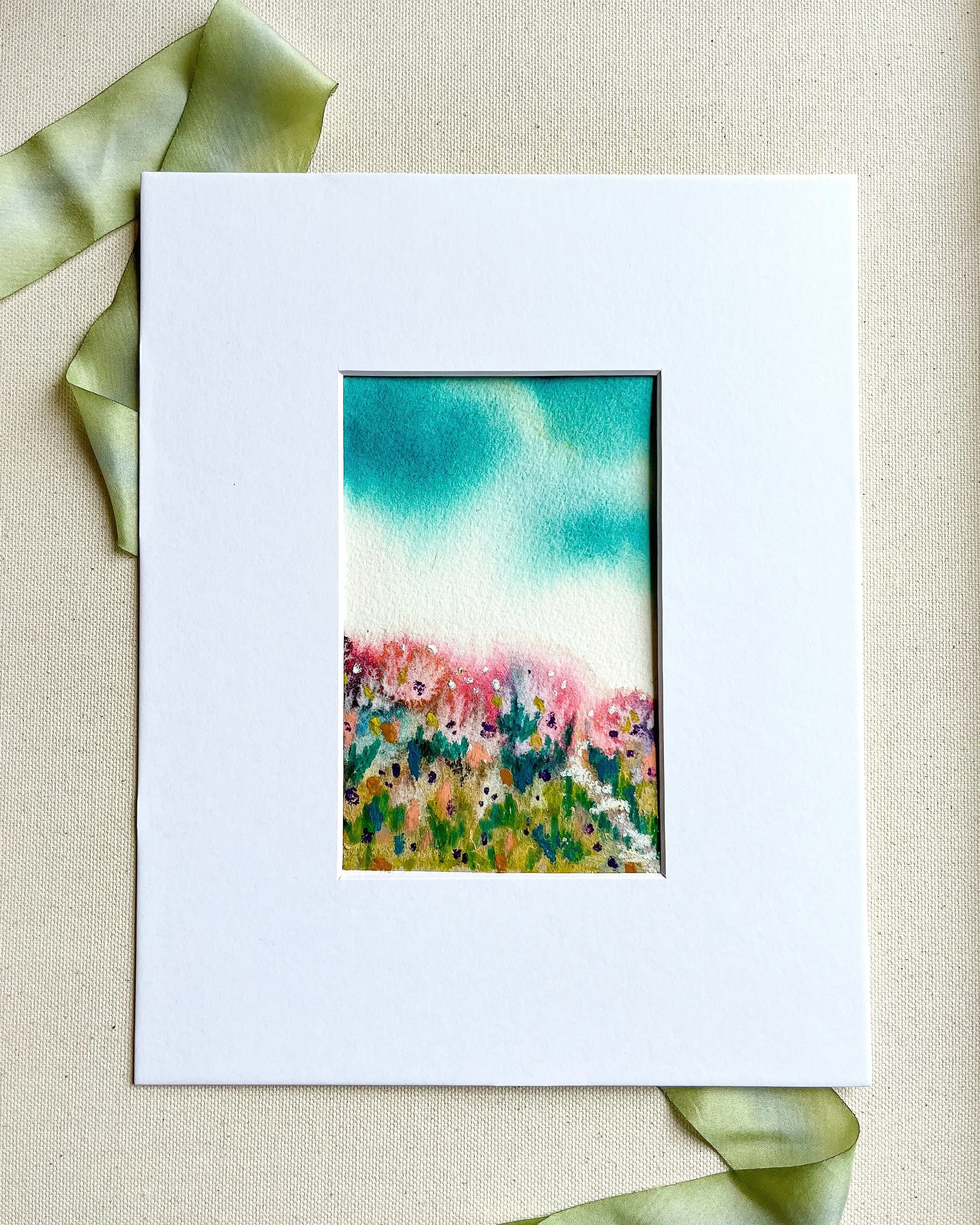 Mixed media abstract floral landscape painting shown in option to add white 8" x 10" mat