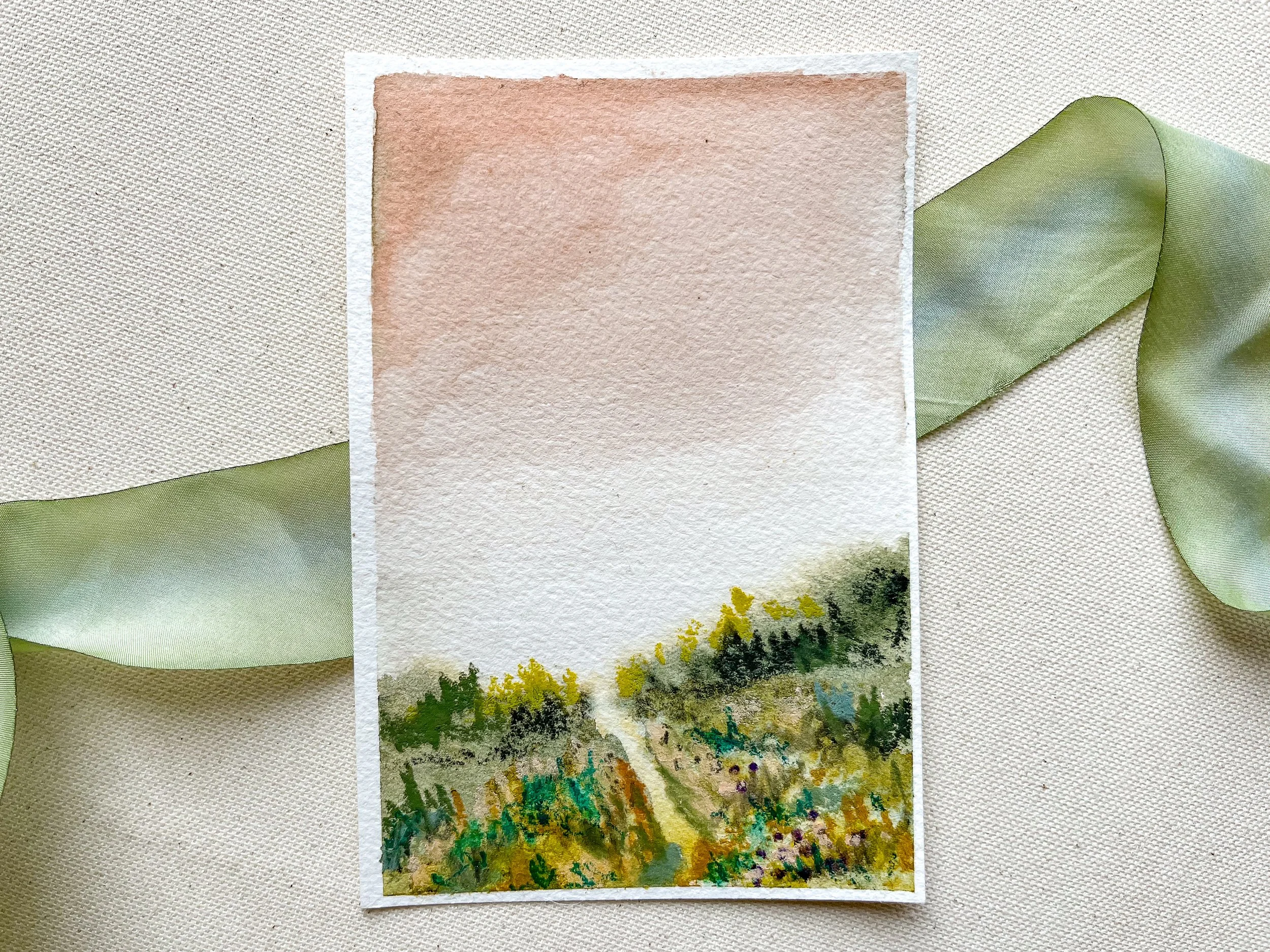 Full view of the mixed media watercolor landscape painting measuring 4" x 6"