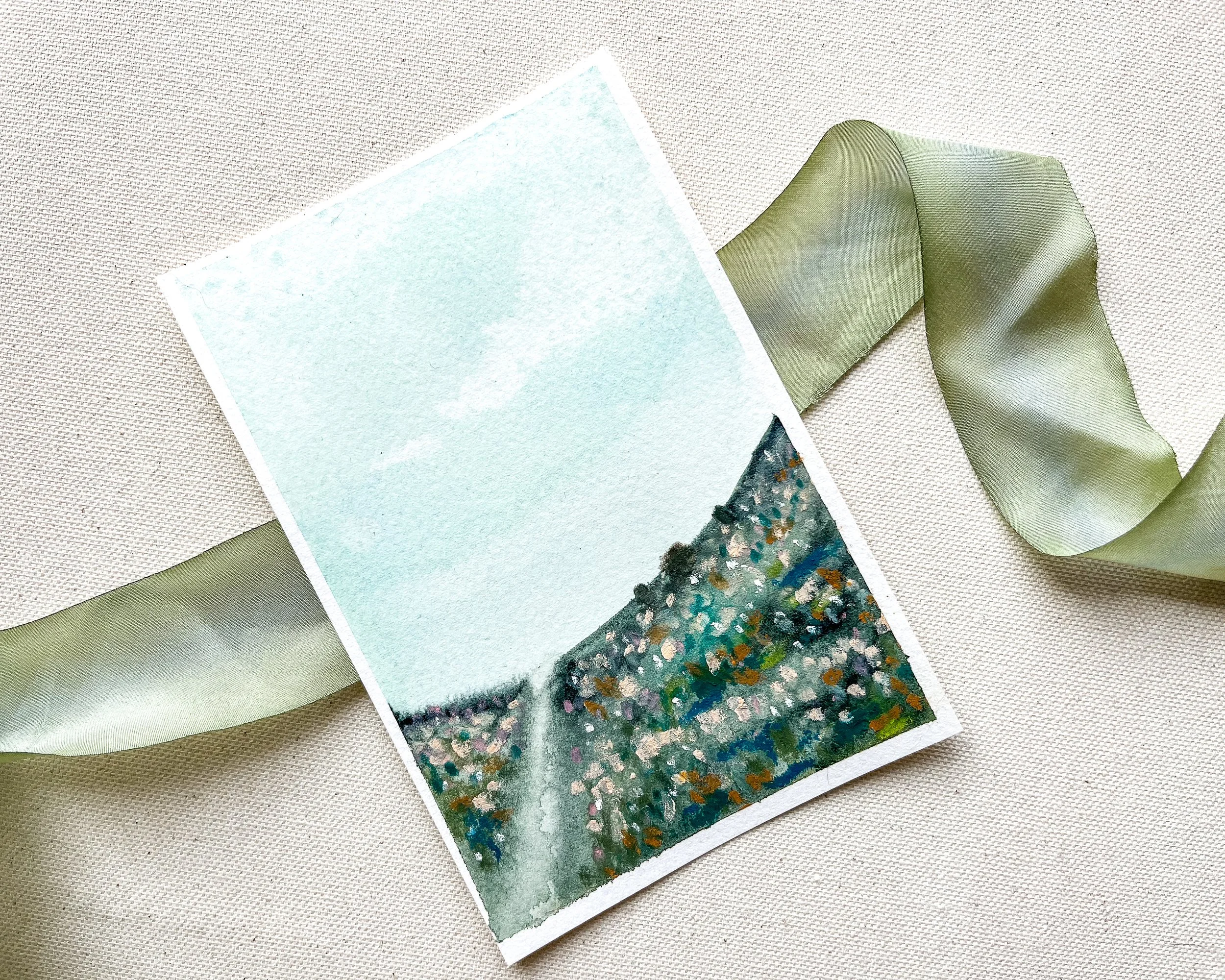 angled view of Blue abstract mixed media landscape painting