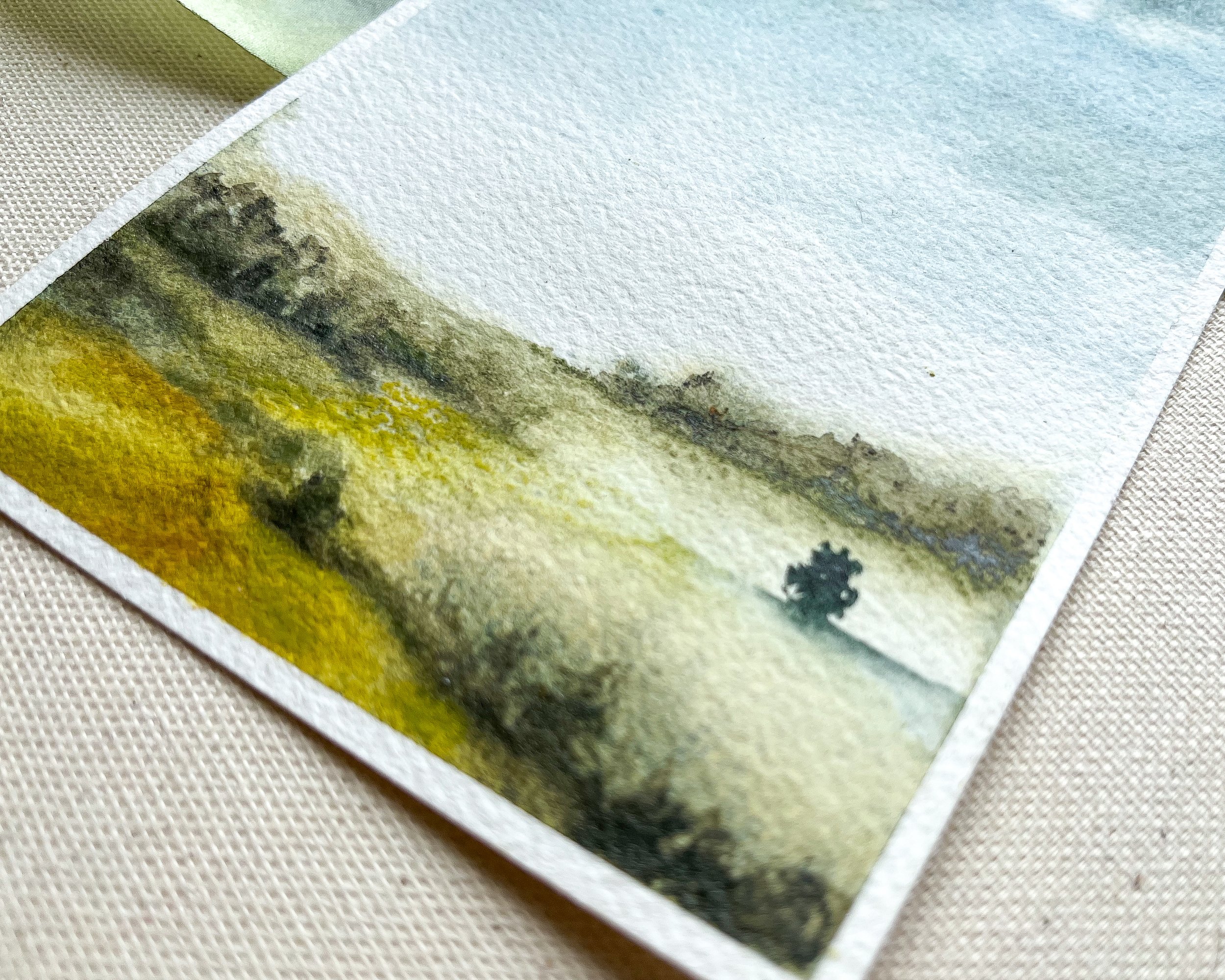 Up close detail view of watercolor landscape painting