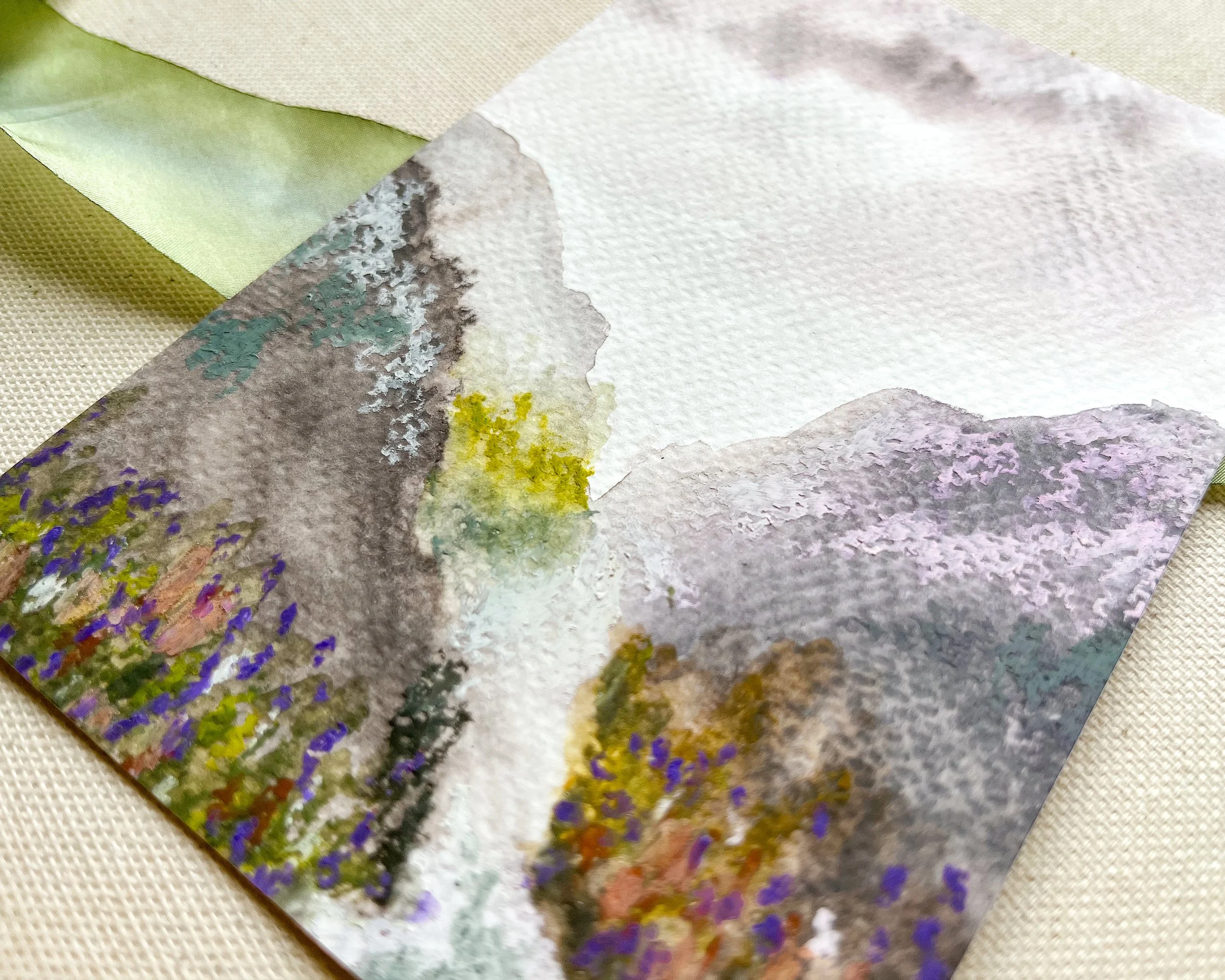 Close up detail of mixed media mountain valley painting