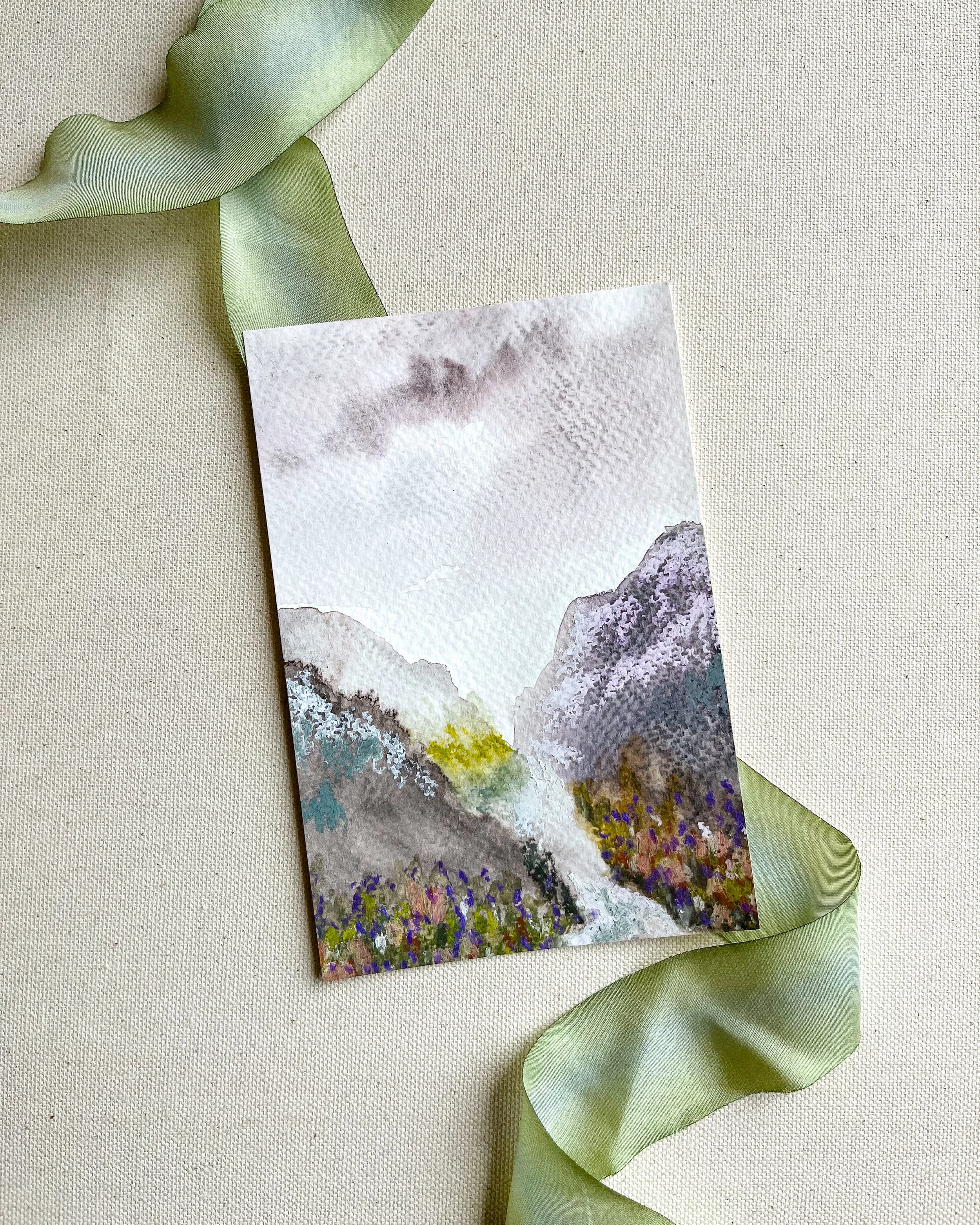 Full view of mixed media mountain valley art measuring 4" x 6"