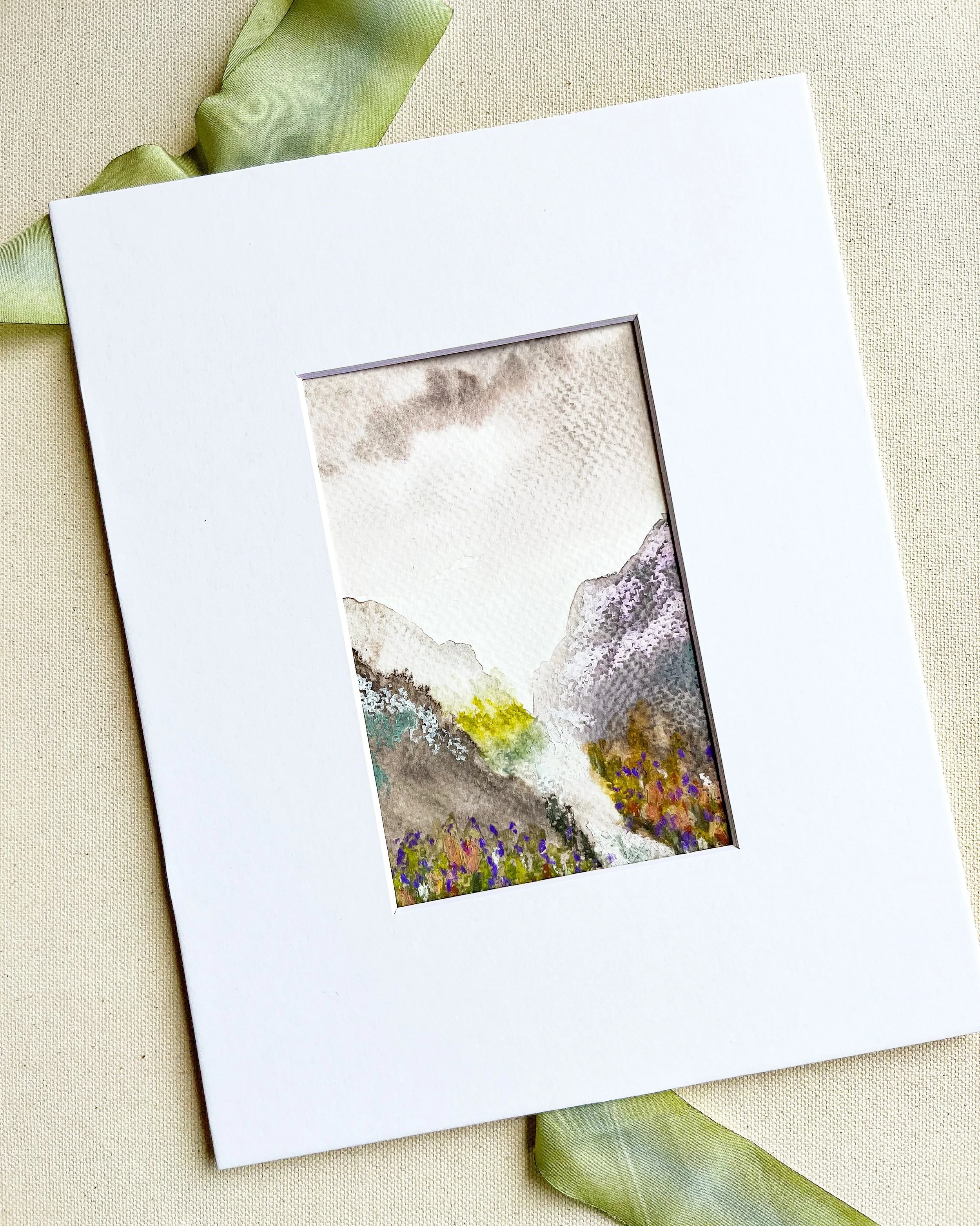 Mixed media mountain valley painting with optional white 8" x 10" mat