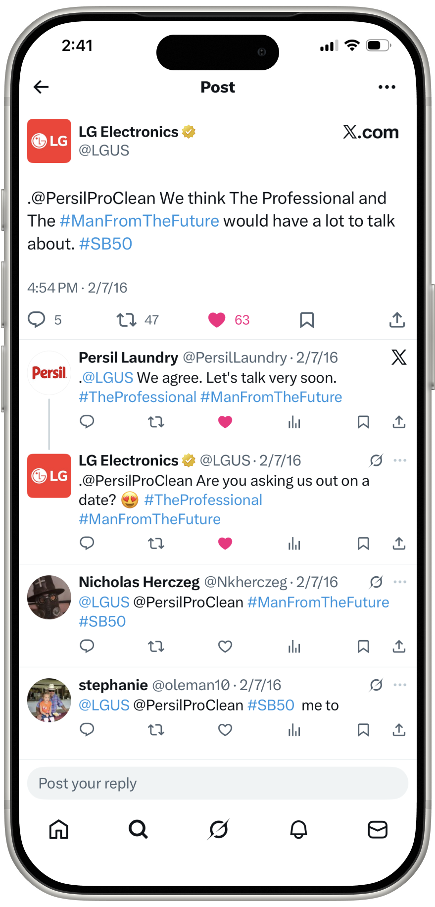 LG Electronics tweet engaging with Persil ProClean's Super Bowl social campaign. Creative direction by Lauren Rogers at Witness.