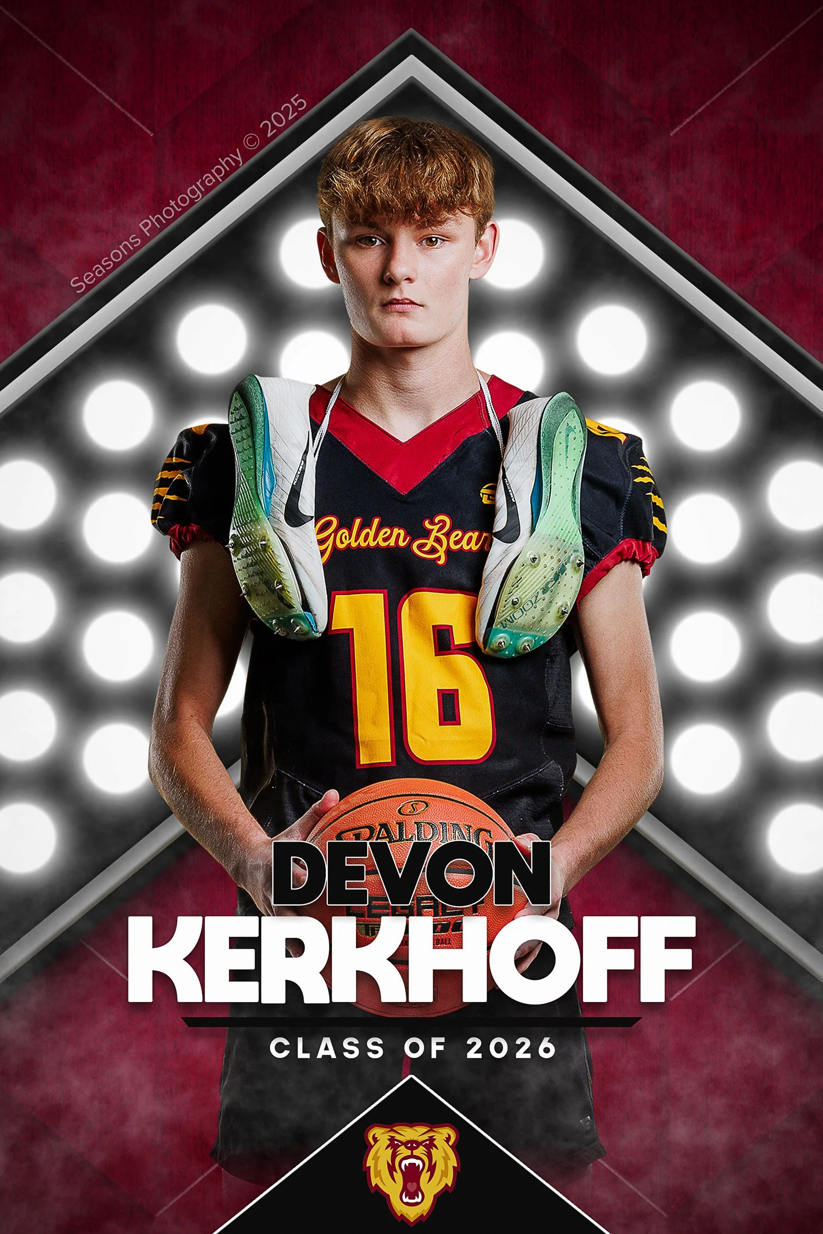High school football senior banner at Seasons Photography studio.