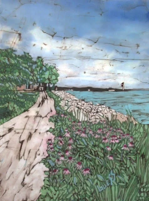 Walk Along the Lake 10 x 13 batik on silk