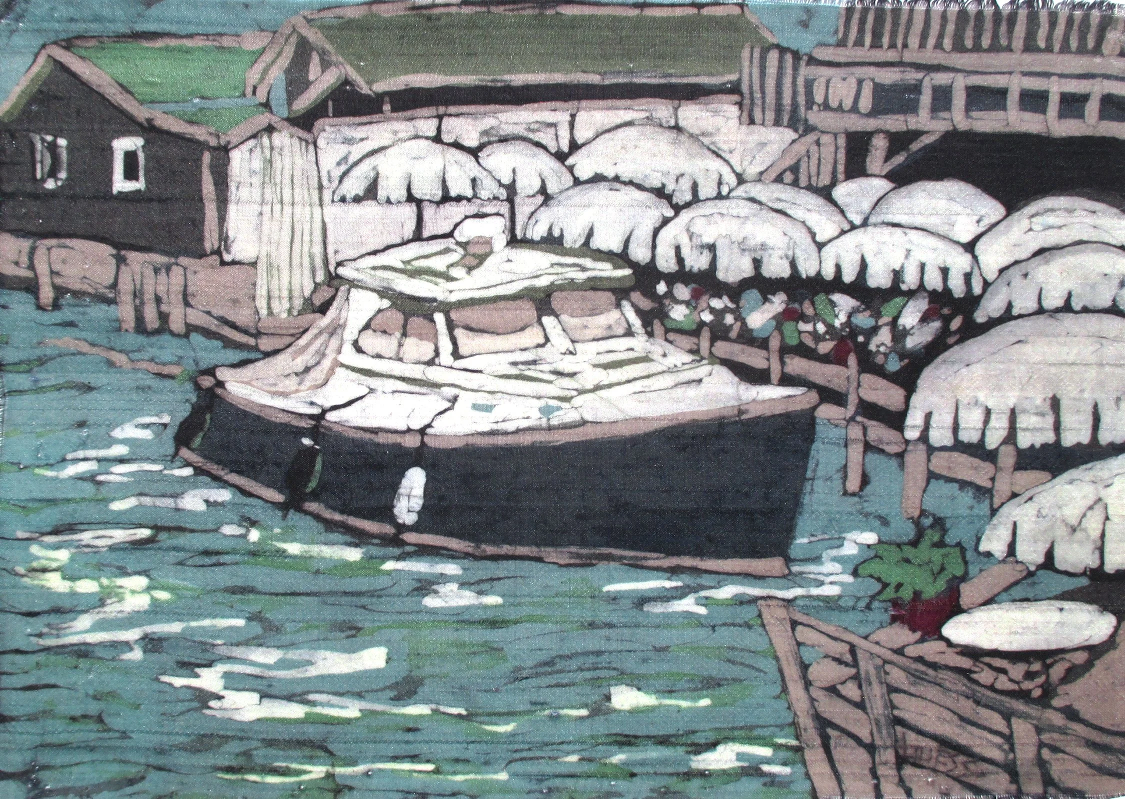 In the Cove, Fishtown 7 x 10 batik on handwoven silk