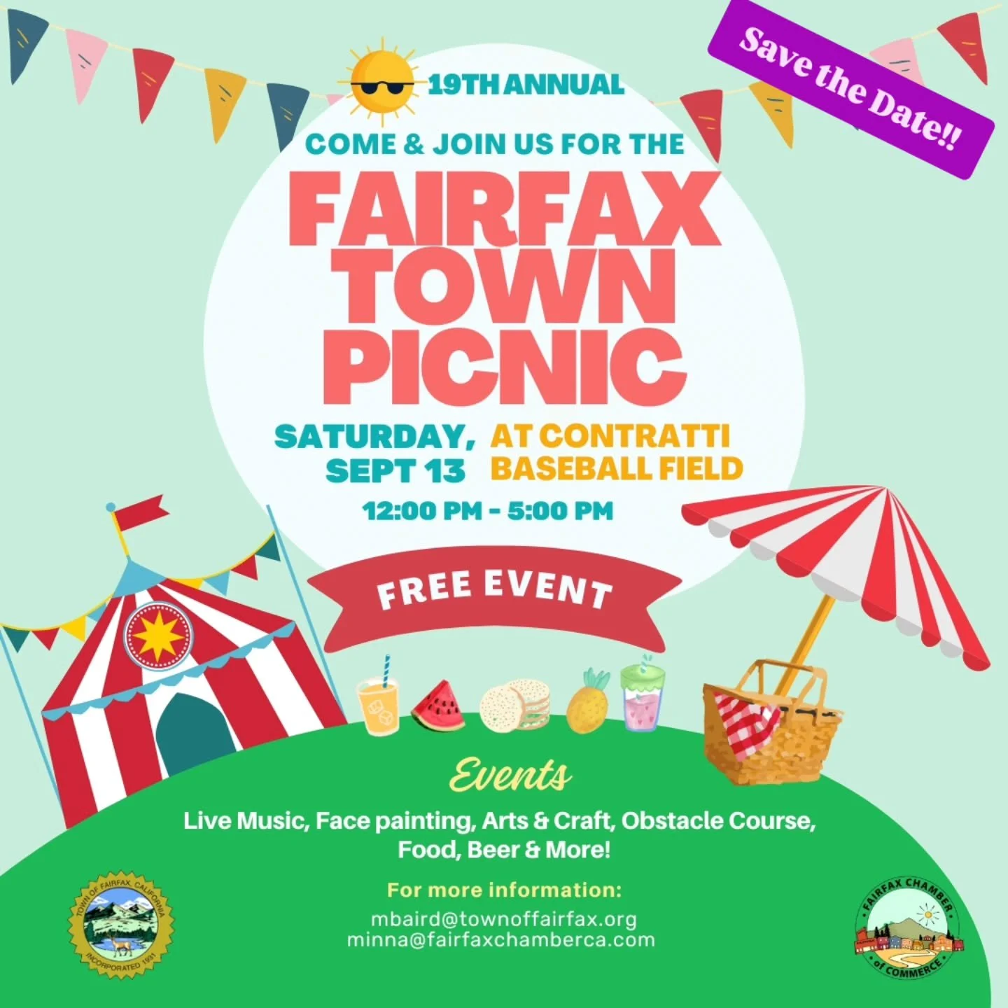 SAVE THE DATE! 
🎉 The 19th Annual Fairfax Town Picnic is coming up! 🎉
Saturday, Sept 13 | 12&ndash;5 PM 
Contratti Baseball Field | FREE EVENT 
Join your neighbors for a day of live music, arts &amp; crafts, bounce house fun, a magic show (1:30 PM)