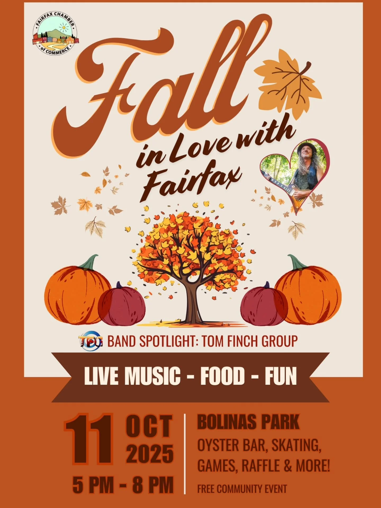 Fall in Love with Fairfax
Saturday, October 11 &bull; 5&ndash;8 PM &bull; Bolinas Park, Fairfax

🍂 An evening of small-town magic &mdash; just an hour from the city.
Live music by the Tom Finch Group, an indie vibe you won&rsquo;t find anywhere else