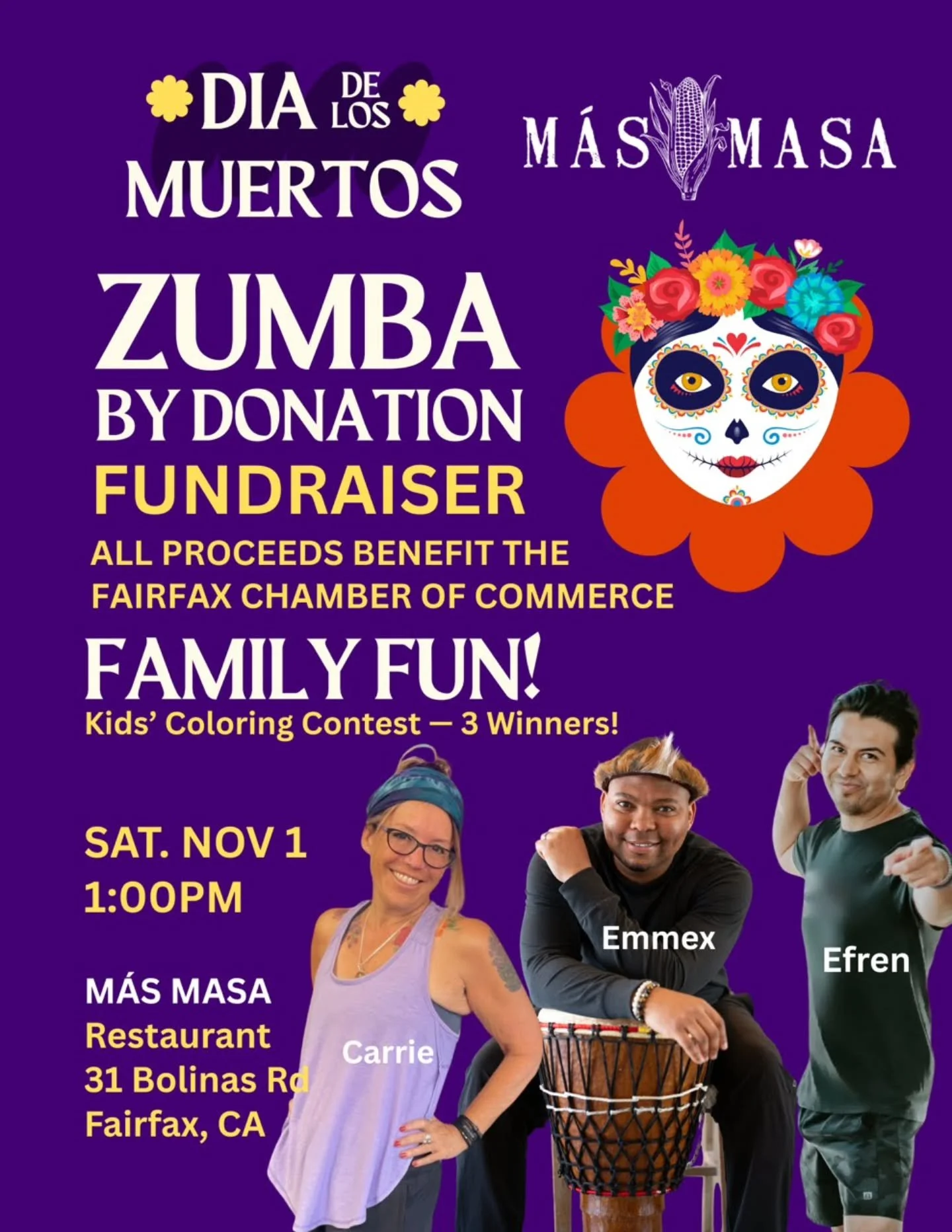D&iacute;a de los Muertos Zumba Party at M&aacute;s Masa

Let&rsquo;s dance, Fairfax! 💃✨
Join us for a D&iacute;a de los Muertos Zumba Party at M&aacute;s Masa &mdash;
Saturday, Nov 1 at 1 PM!

Bring your friends, bring the kids, and get ready to mo
