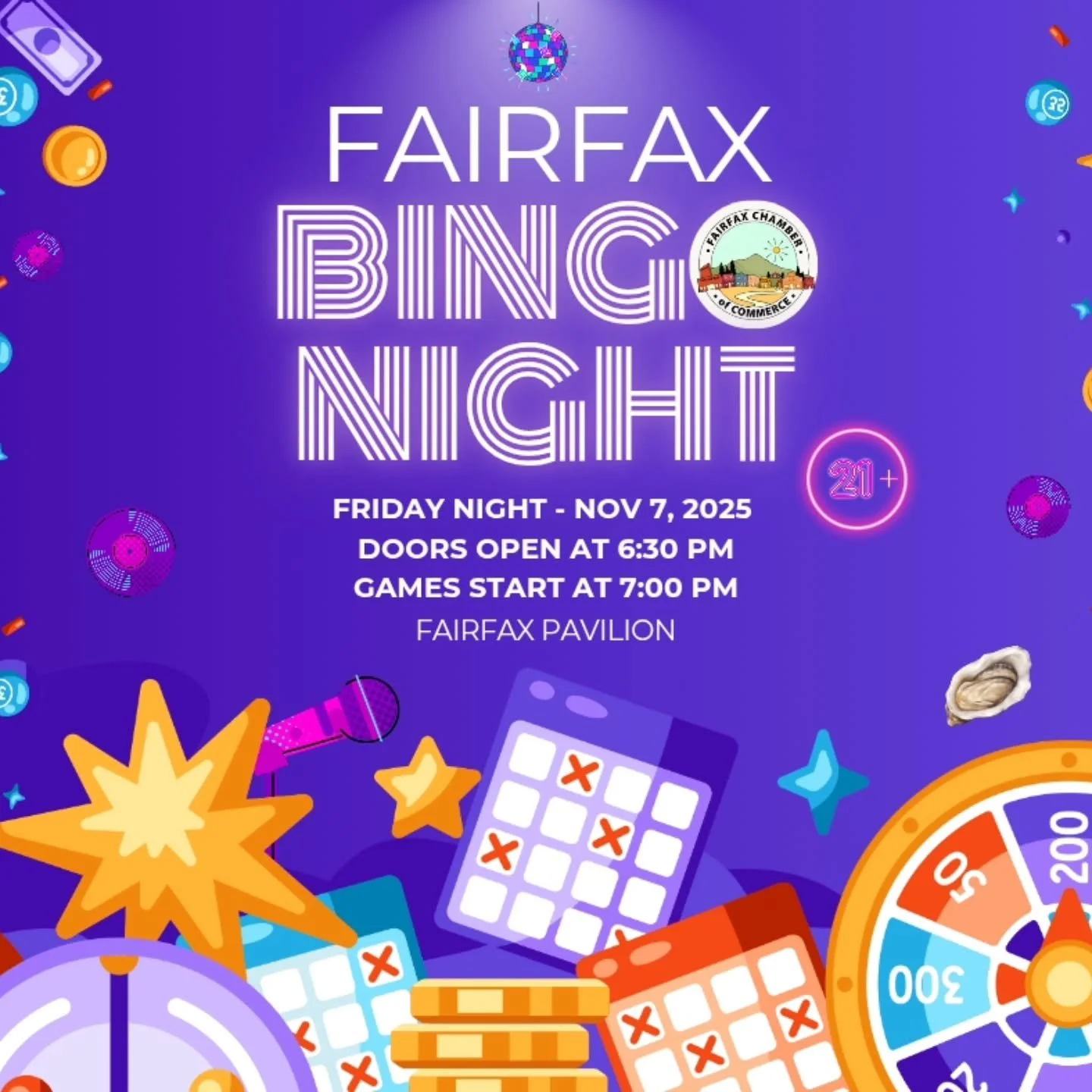 BINGO NIGHT is coming to the Fairfax Pavilion!
Cash prizes, food, drinks, music, and community fun.
🎟️ $25 presale &bull; $30 door
Friday, Nov 7 &bull; Doors 6:30 &bull; Games 7:00 sharp
21+ event
Grab your ticket &mdash; more players = bigger prize