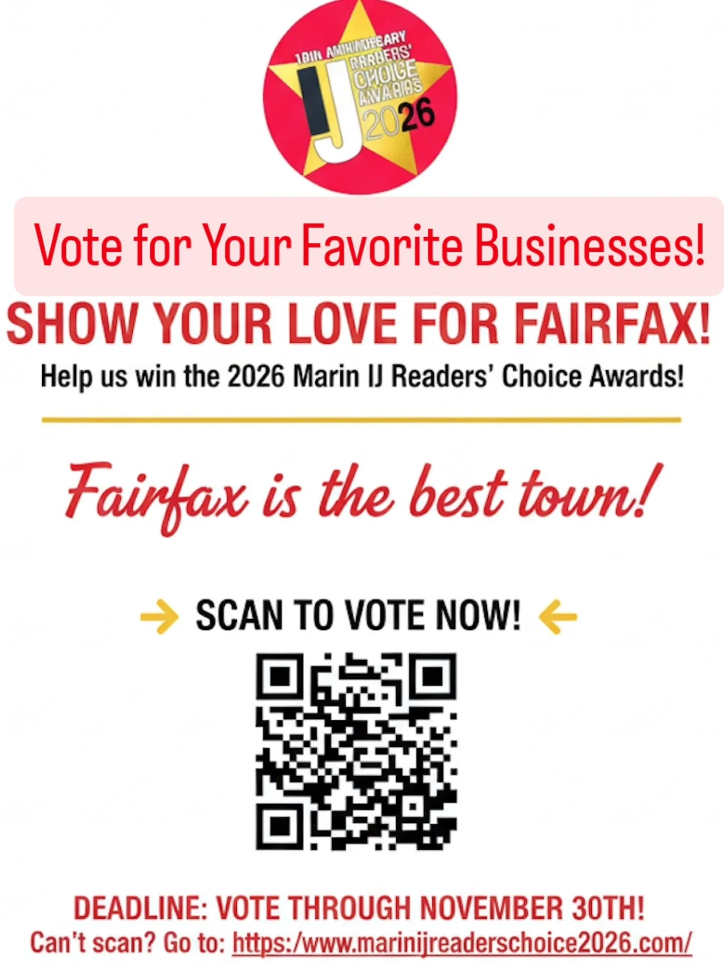 https://www.marinijreaderschoice2026.com/
Fairfax pride activated. 🔥🔥🔥
Show some love to the businesses that make this place magic &mdash; vote now!
Last day! Voting closes just before midnight!!